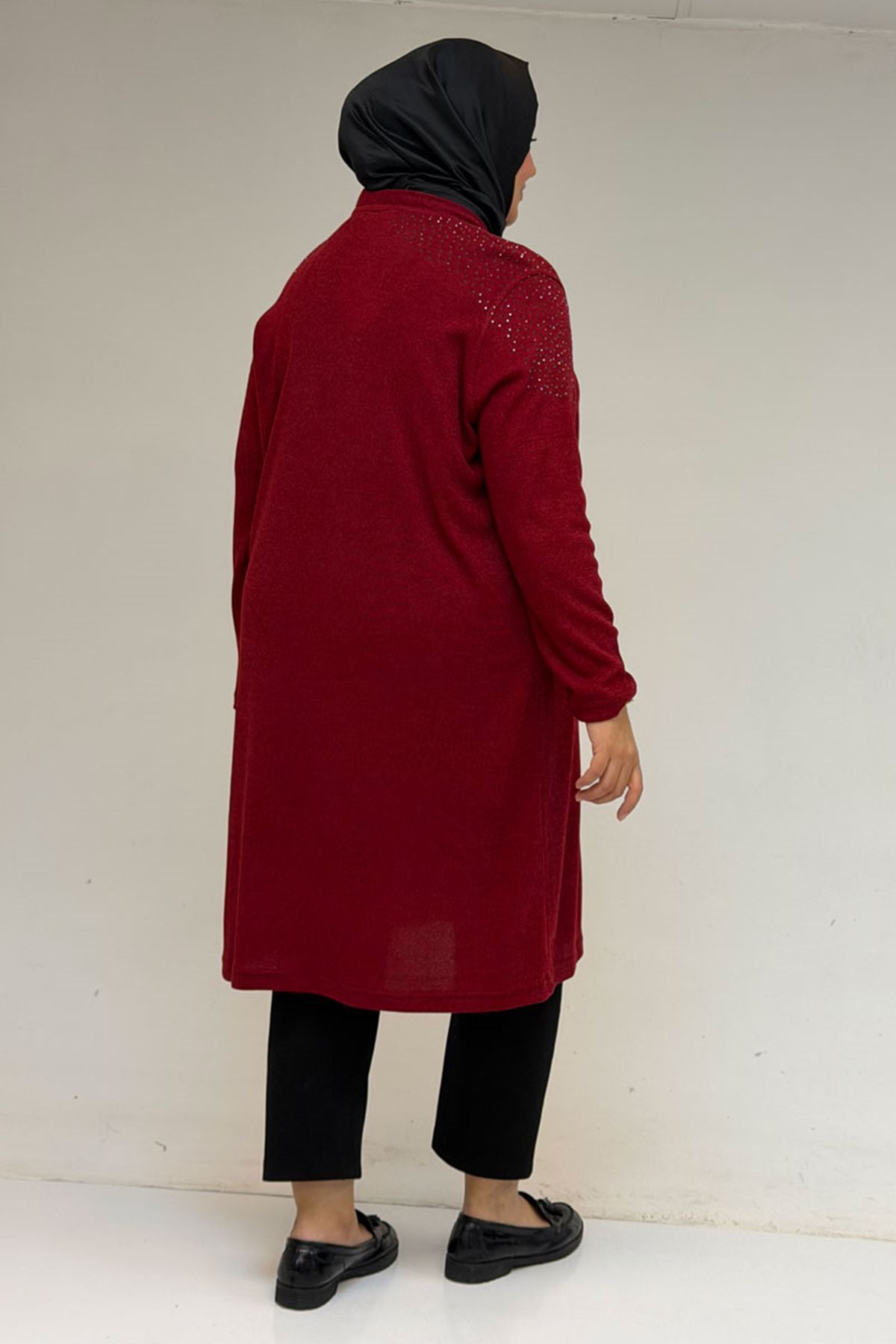 53047 Büyük Beden Omzu Taş Detaylı Mir Ceket - Bordo
