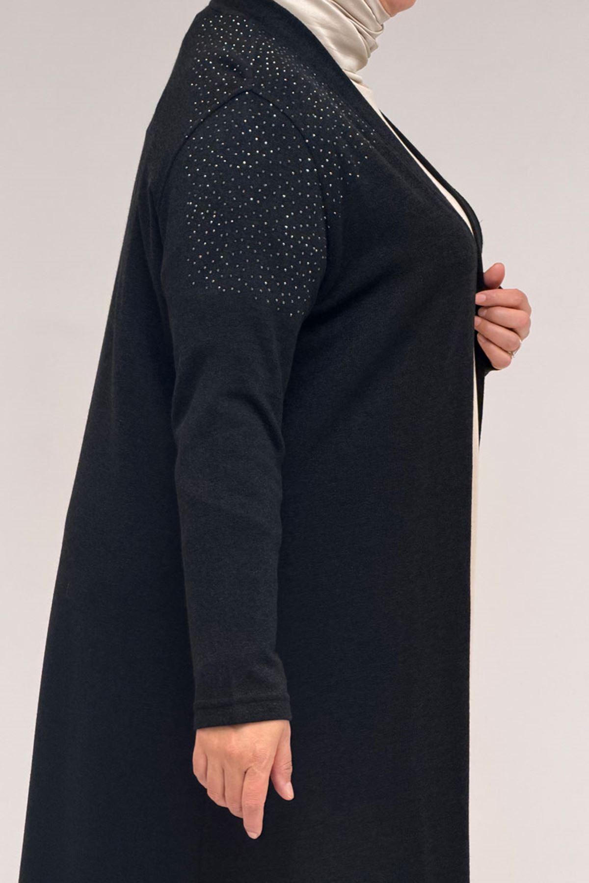 53047 Büyük Beden Omzu Taş Detaylı Mir Ceket - Siyah