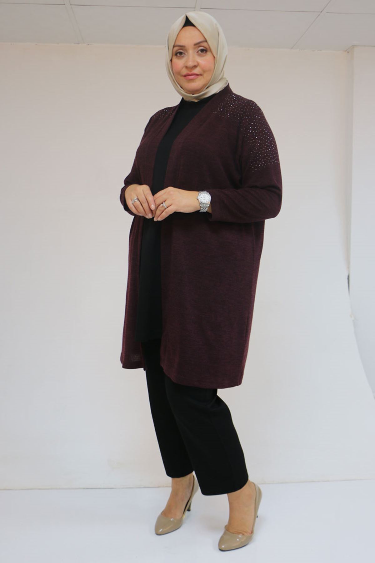 53047 Büyük Beden Omzu Taş Detaylı Mir Ceket - Mürdüm