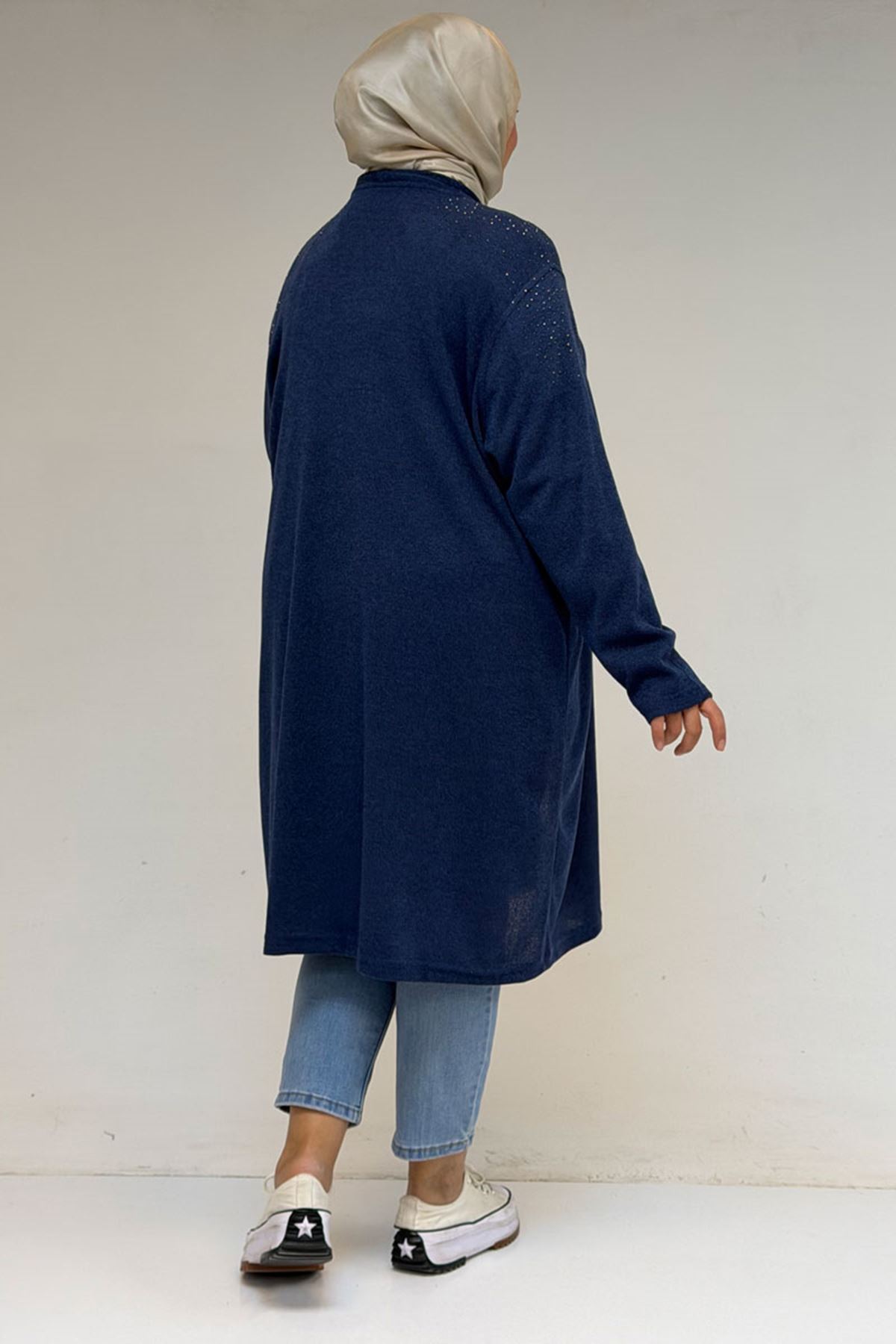 53047 Büyük Beden Omzu Taş Detaylı Mir Ceket - İndigo