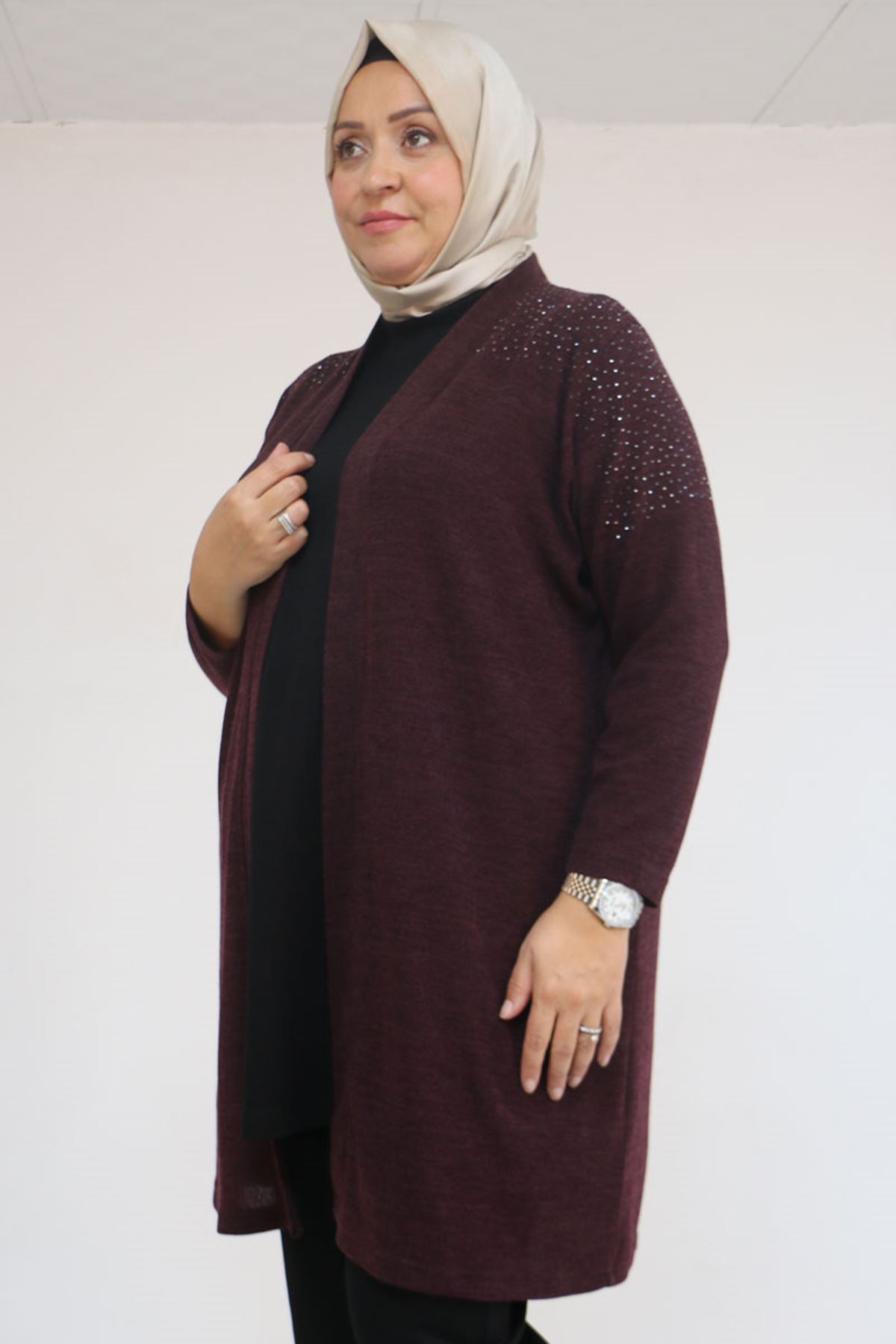 53047 Büyük Beden Omzu Taş Detaylı Mir Ceket - Mürdüm