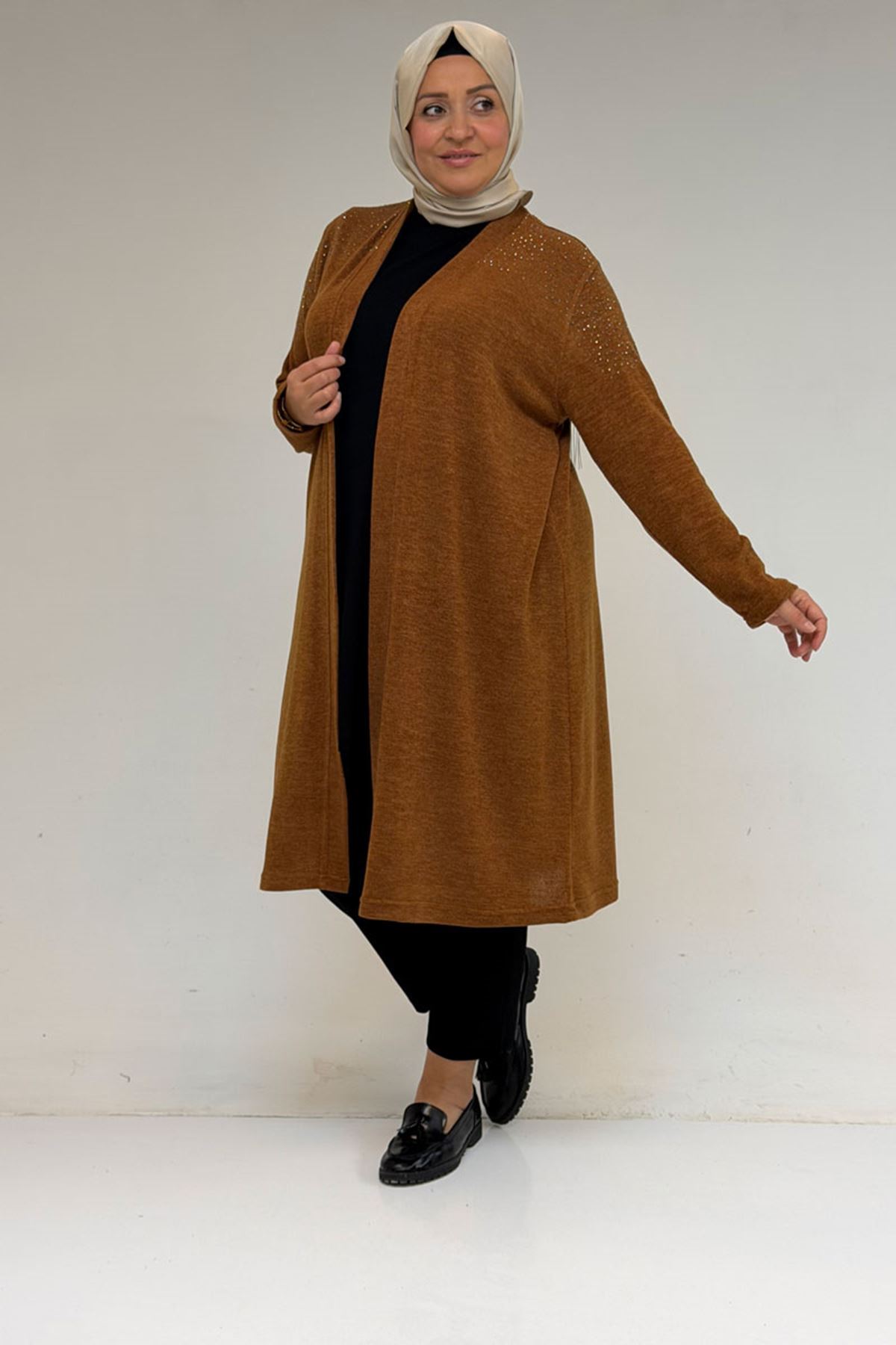 53047 Büyük Beden Omzu Taş Detaylı Mir Ceket - Taba