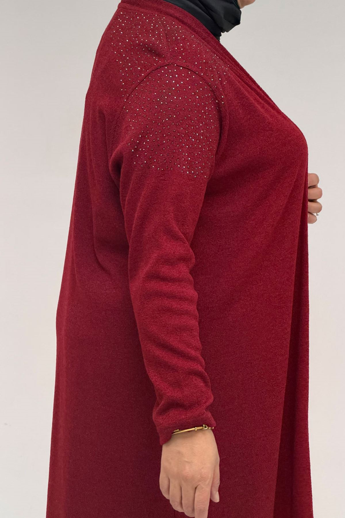 53047 Büyük Beden Omzu Taş Detaylı Mir Ceket - Bordo