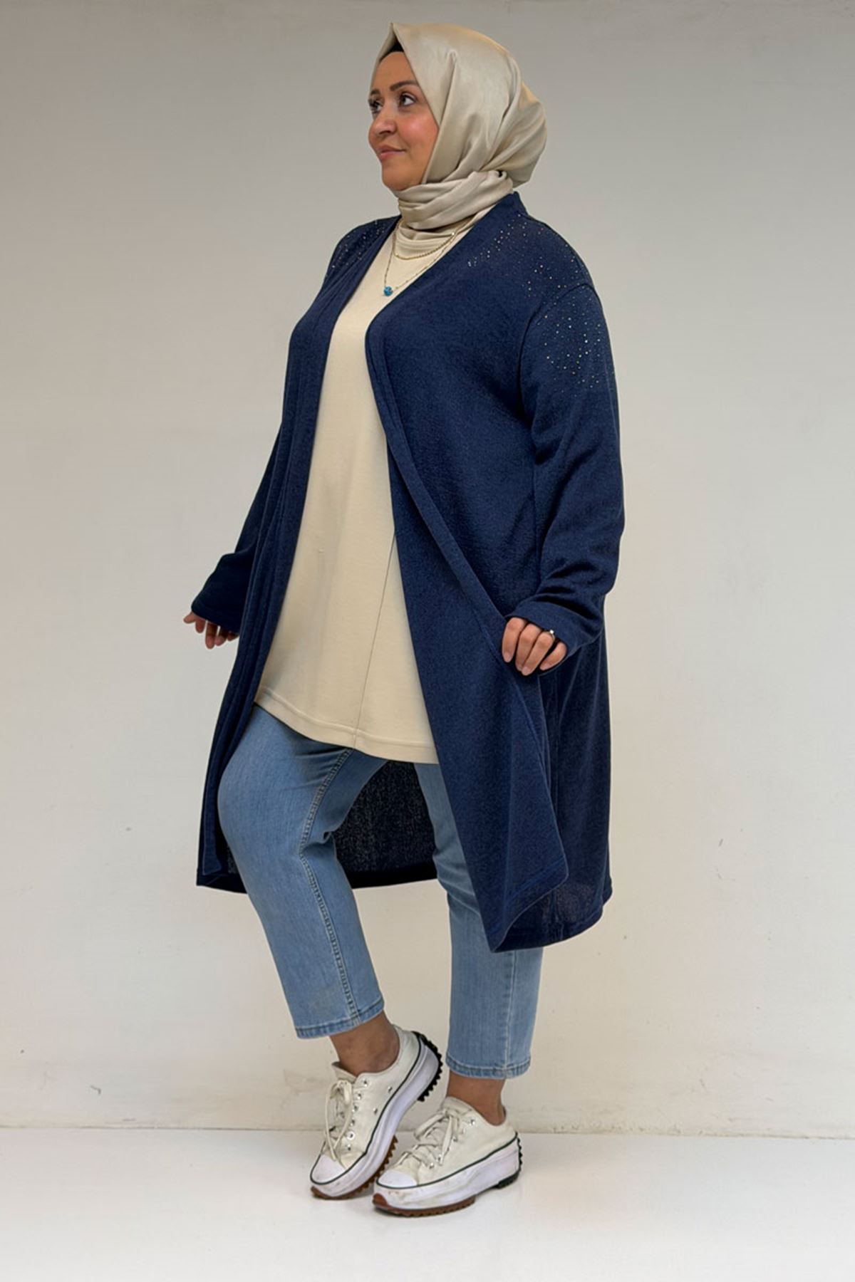 53047 Büyük Beden Omzu Taş Detaylı Mir Ceket - İndigo