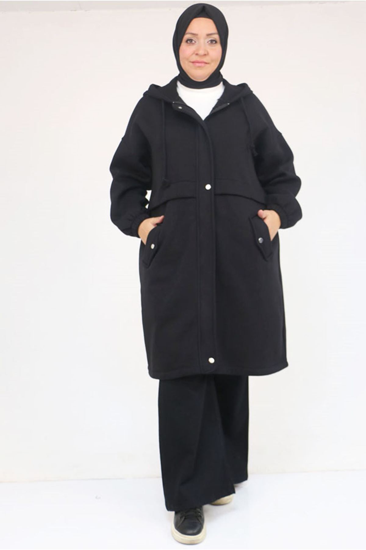 26K43076 - SİYAH - Büyük Beden Cepli Kapşonlu Üç İplik Kap