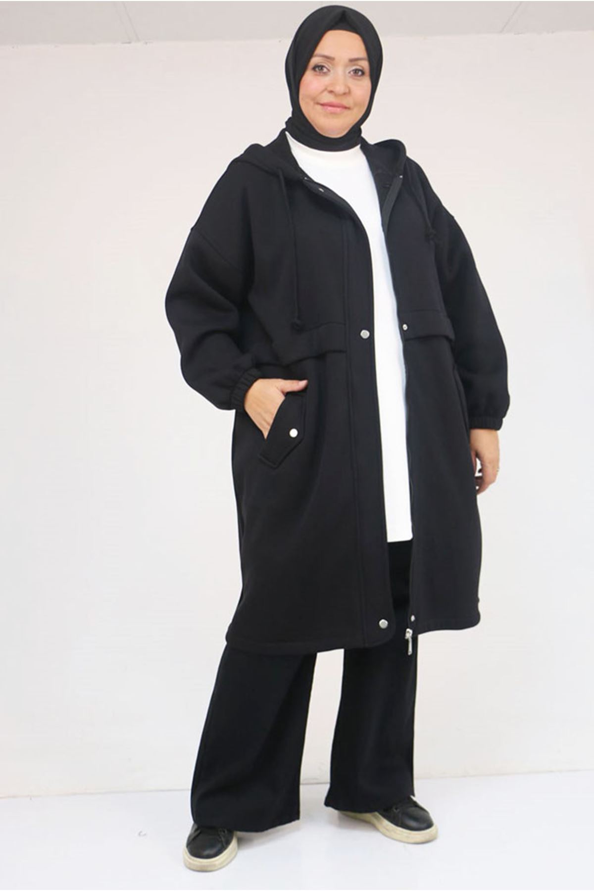 26K43076 - SİYAH - Büyük Beden Cepli Kapşonlu Üç İplik Kap