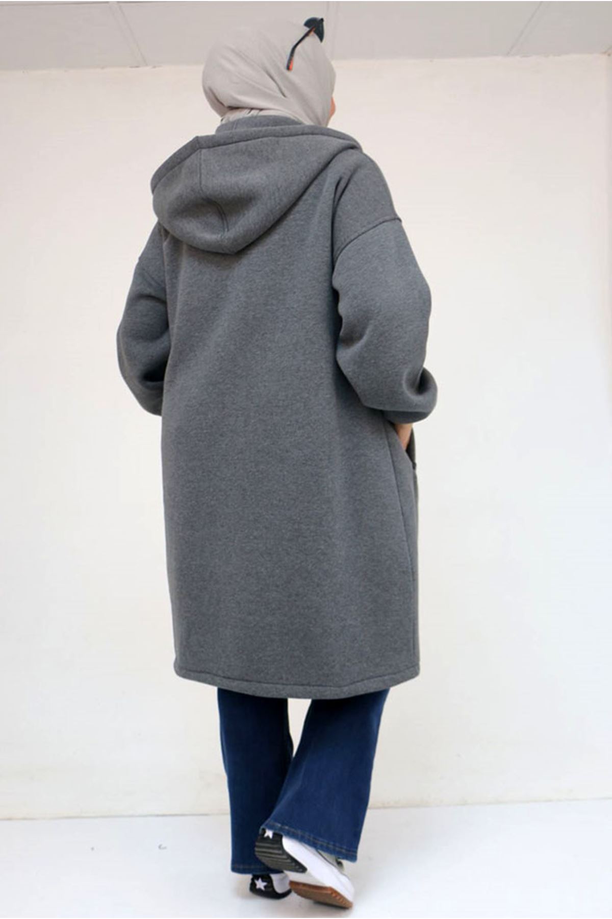 26K43076 - ANTRASİT - Büyük Beden Cepli Kapşonlu Üç İplik Kap