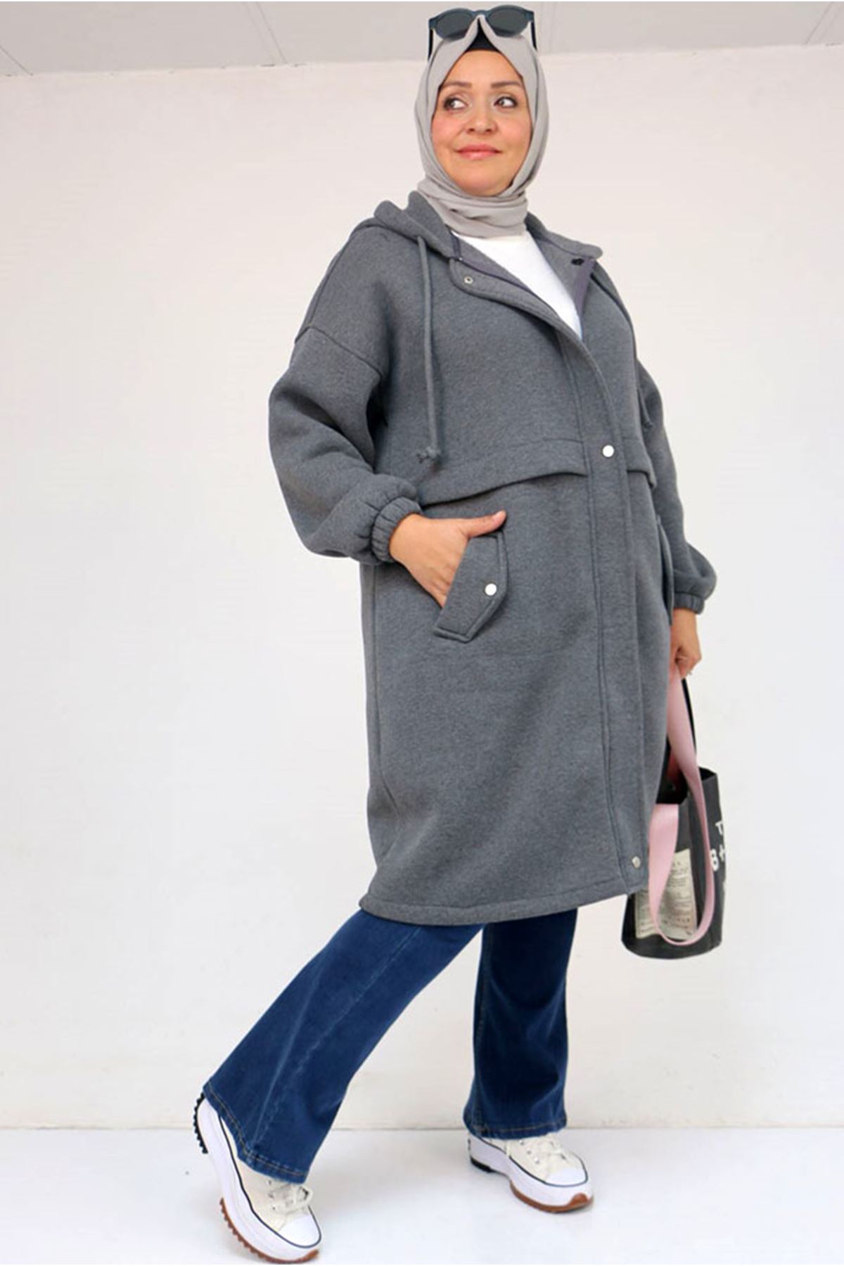 26K43076 - ANTRASİT - Büyük Beden Cepli Kapşonlu Üç İplik Kap