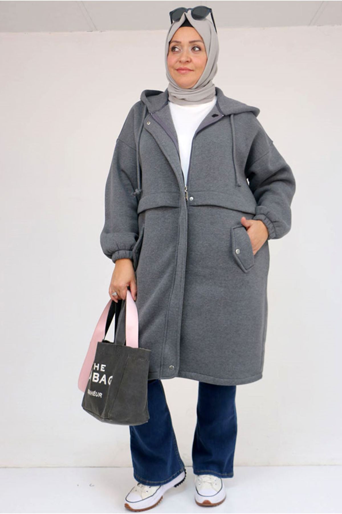 26K43076 - ANTRASİT - Büyük Beden Cepli Kapşonlu Üç İplik Kap