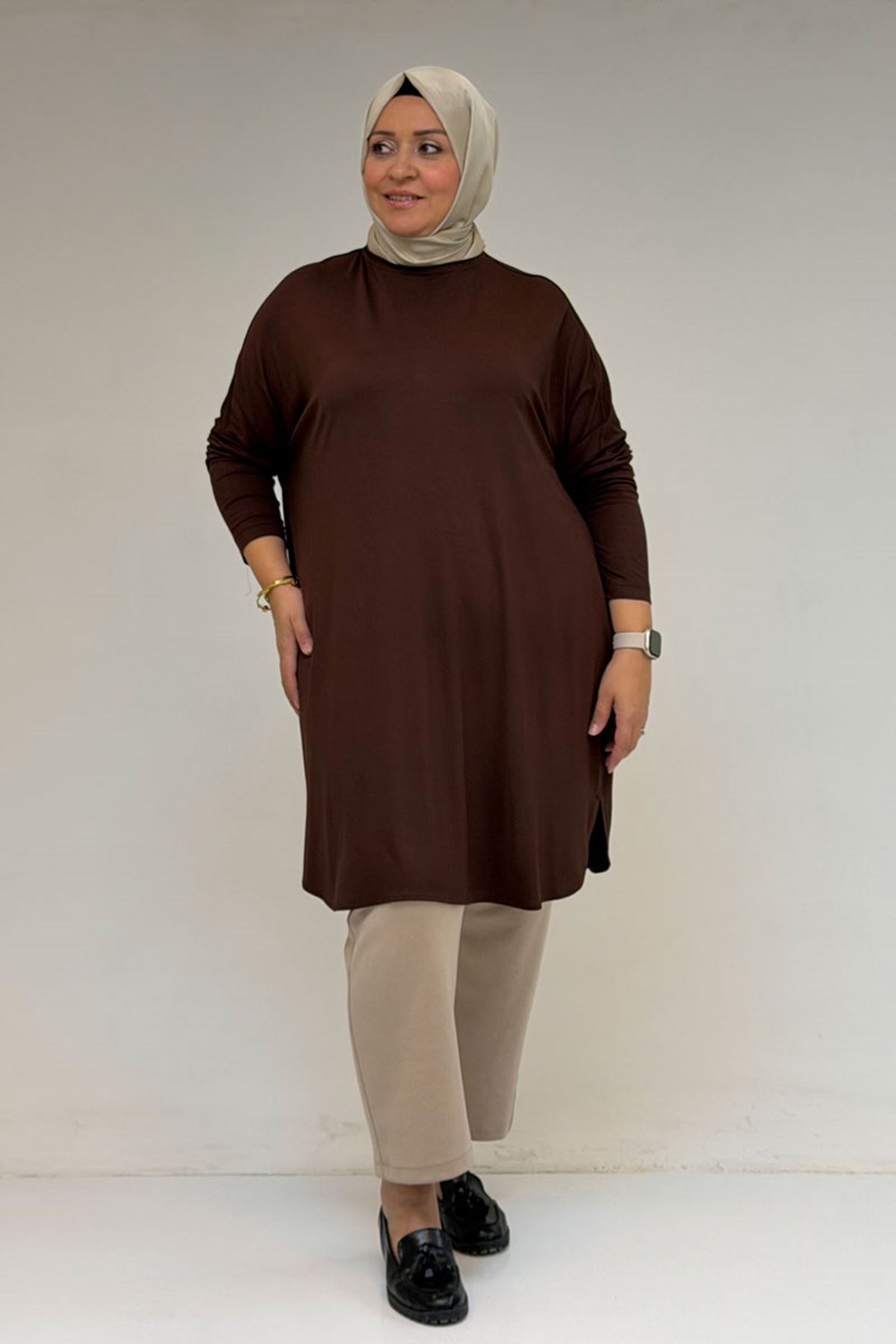 38111 Büyük Beden Basic Penye Tunik - Kahve