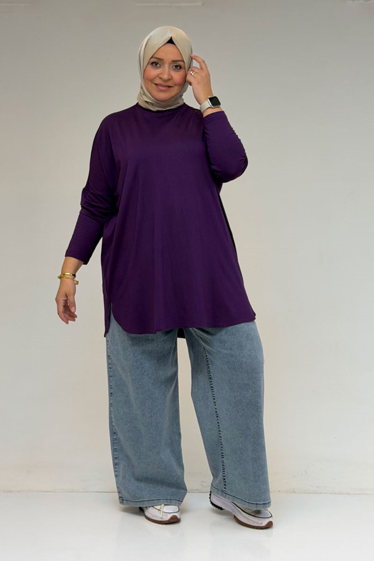 38111 Büyük Beden Basic Penye Tunik - Mürdüm