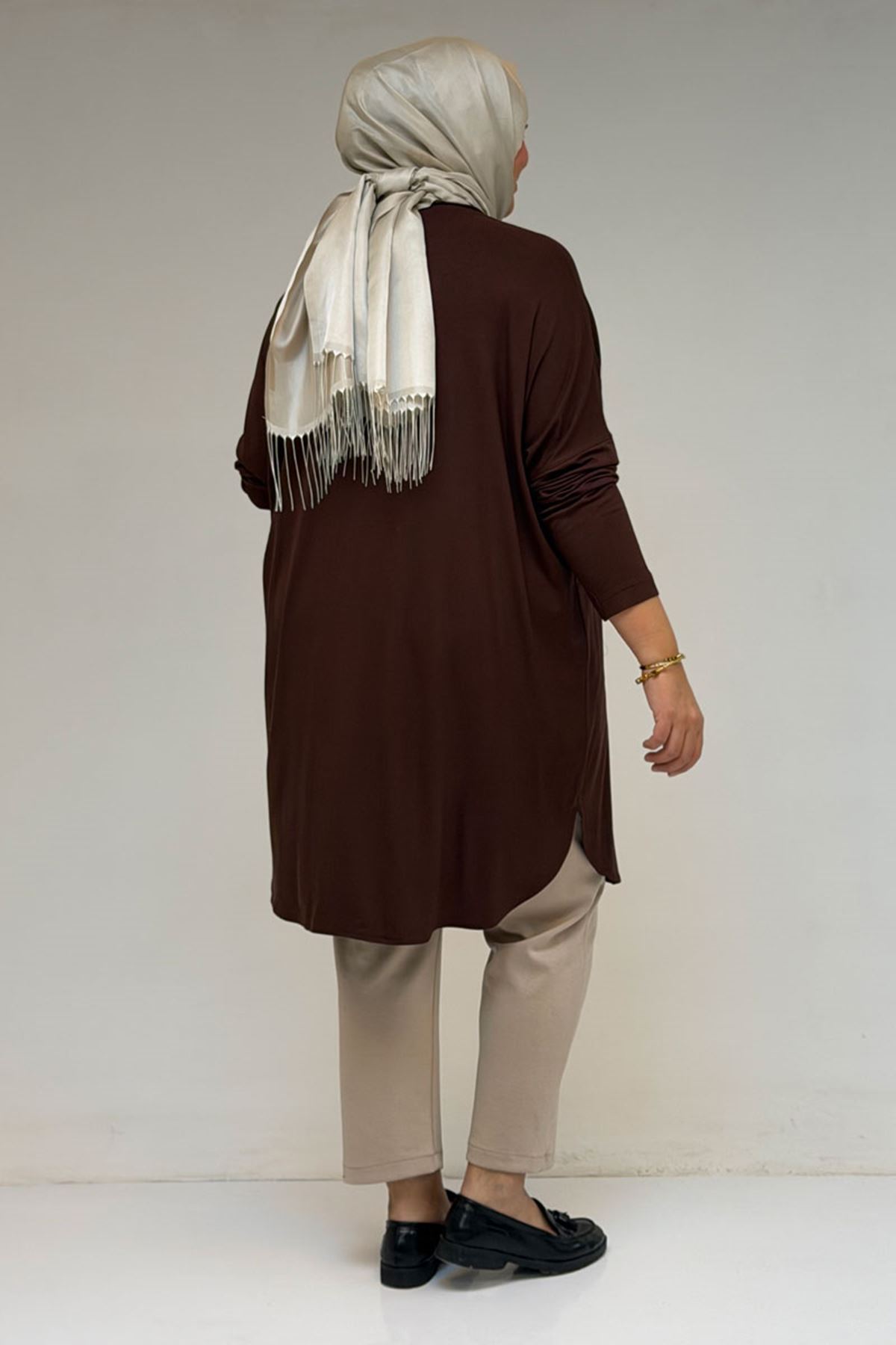 38111 Büyük Beden Basic Penye Tunik - Kahve