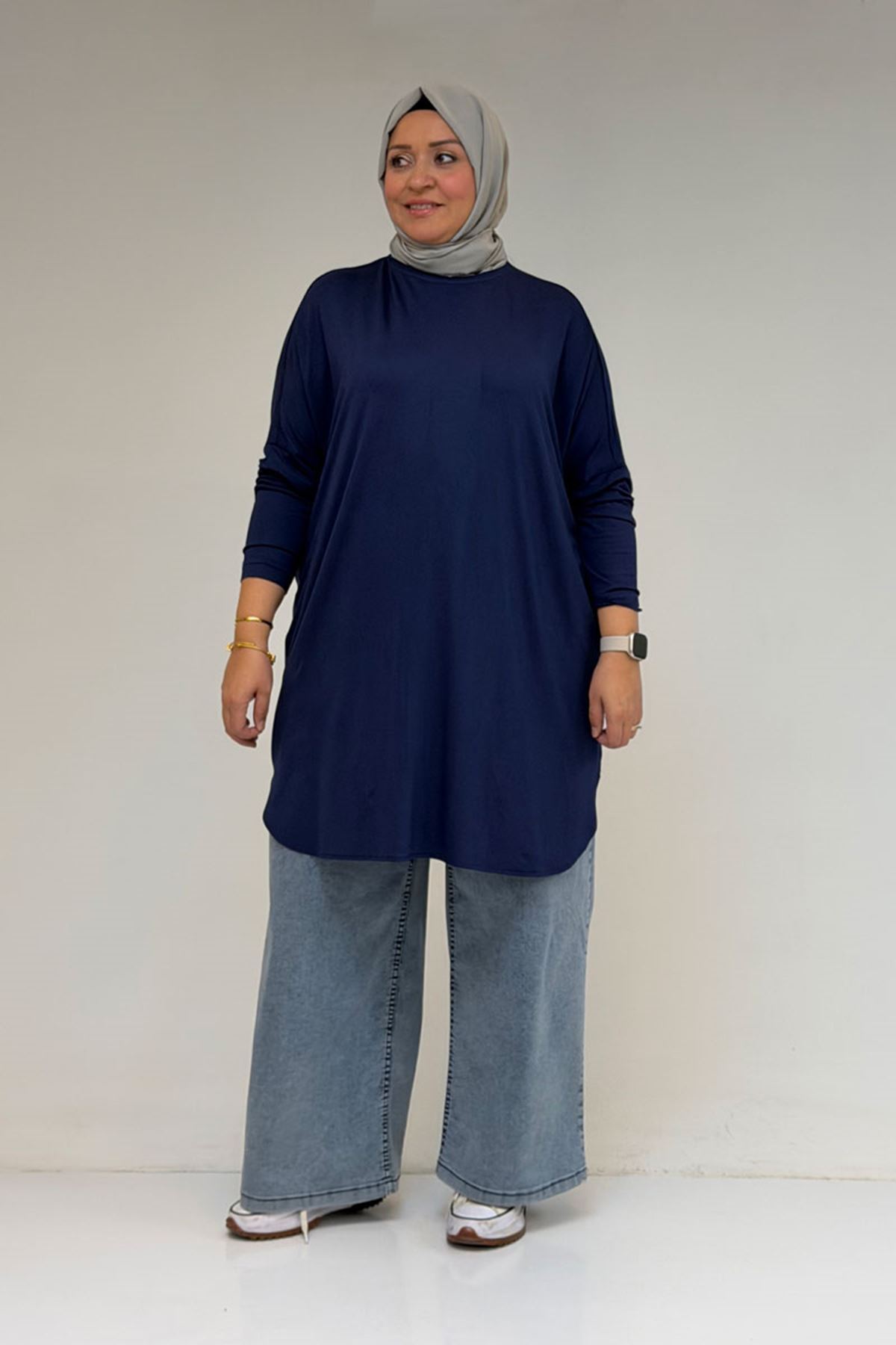 38111 Büyük Beden Basic Penye Tunik - İndigo