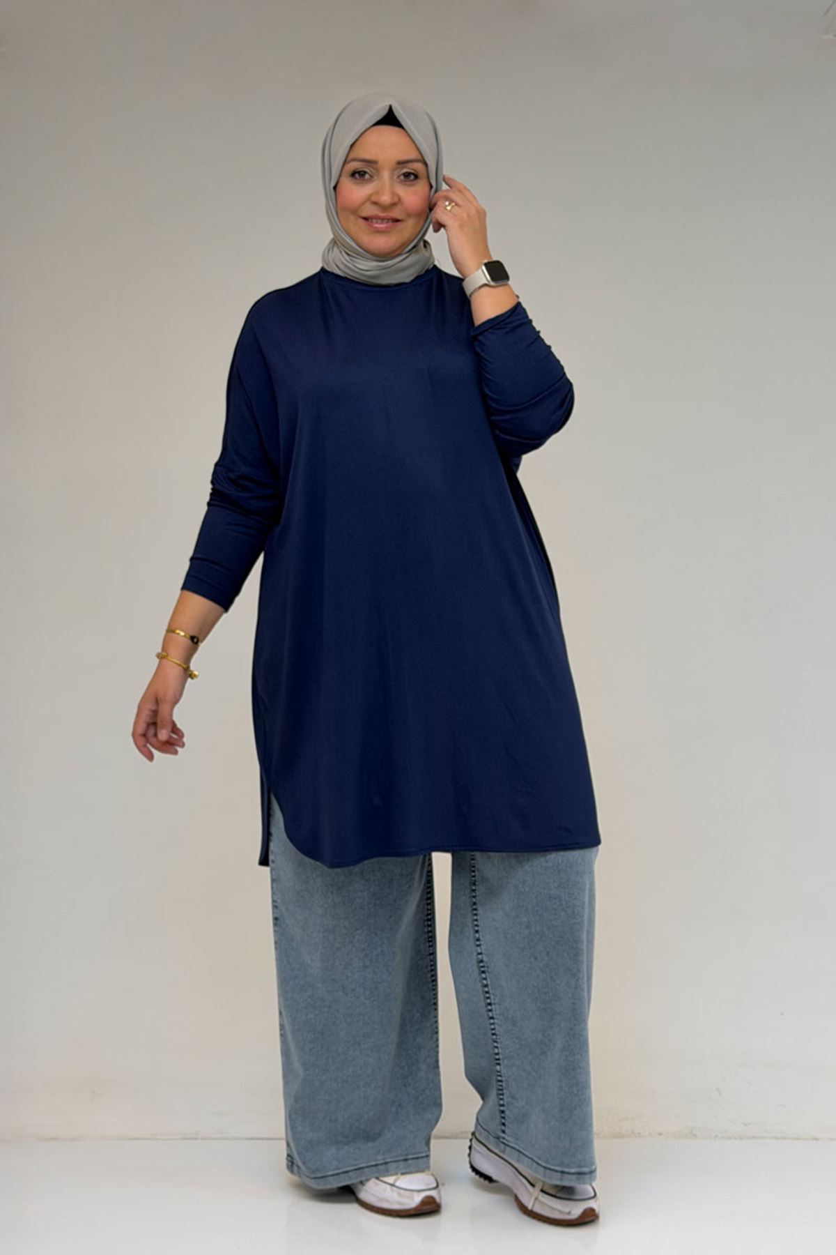 38111 Büyük Beden Basic Penye Tunik - İndigo
