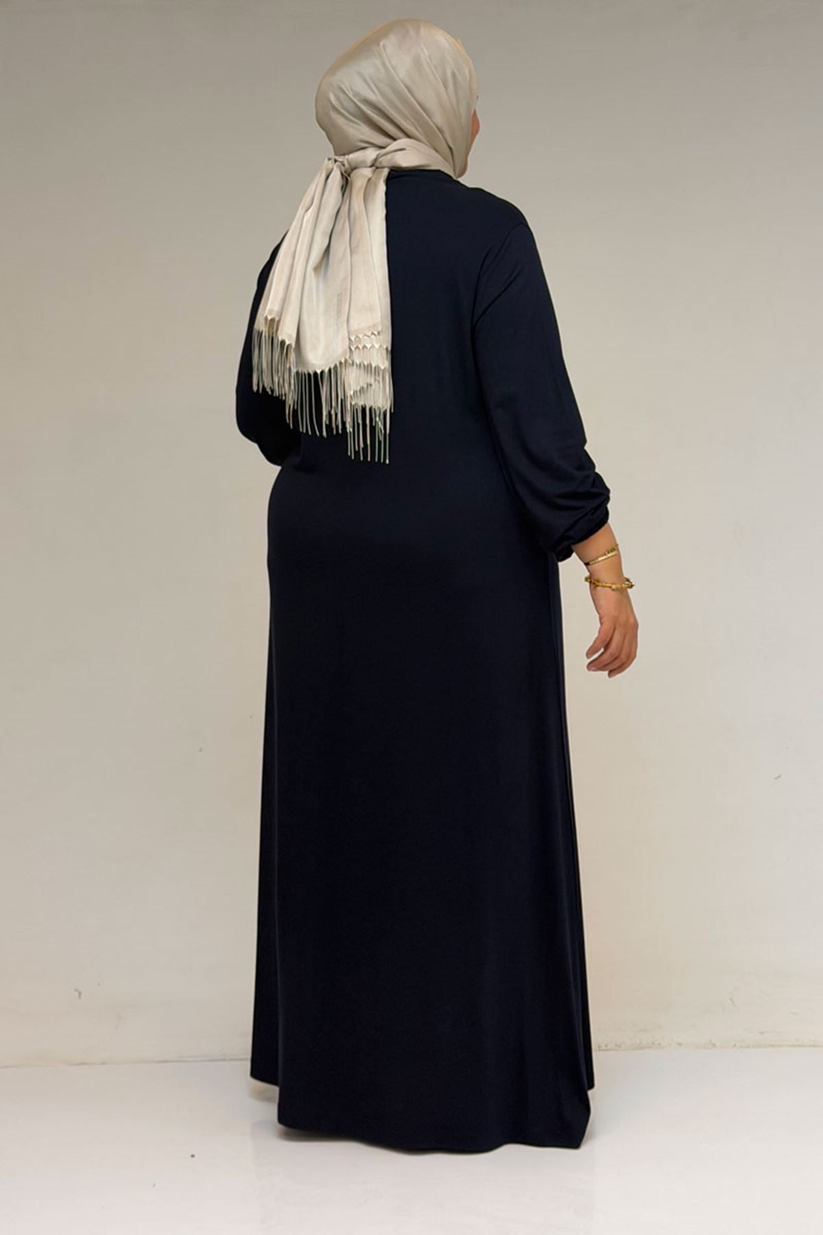 22008 Büyük Beden Kolu Lastikli Penye Elbise - Siyah