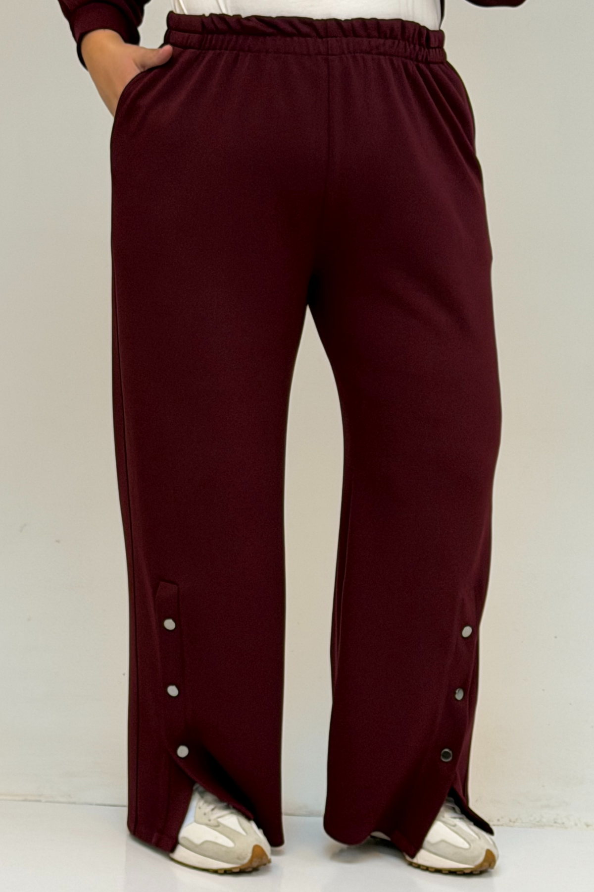 57034 Büyük Beden Çift Düğme Detaylı Modal Pantolonlu Takım - Bordo