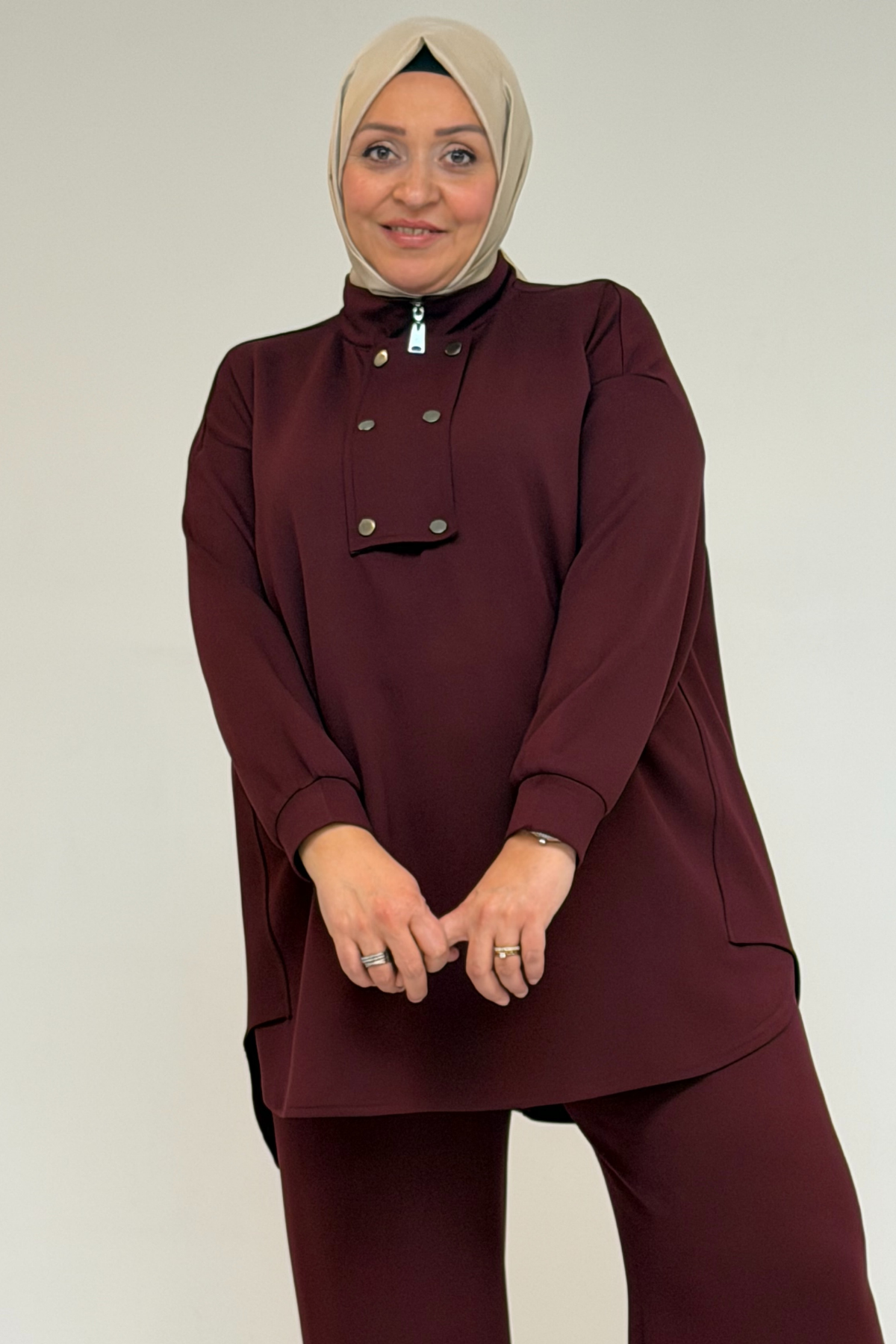 57034 Büyük Beden Çift Düğme Detaylı Modal Pantolonlu Takım - Bordo