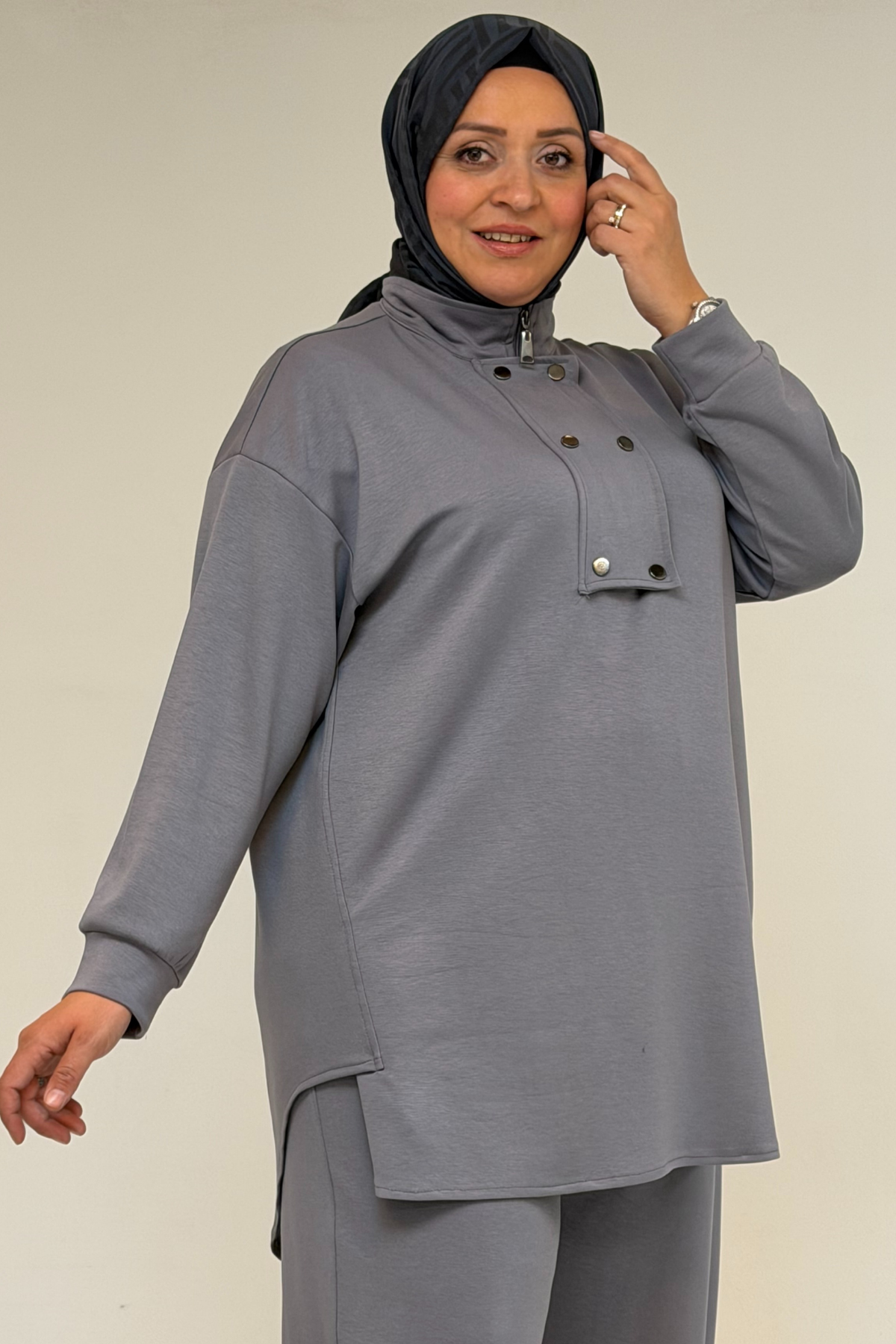 57034 Büyük Beden Çift Düğme Detaylı Modal Pantolonlu Takım - Gri