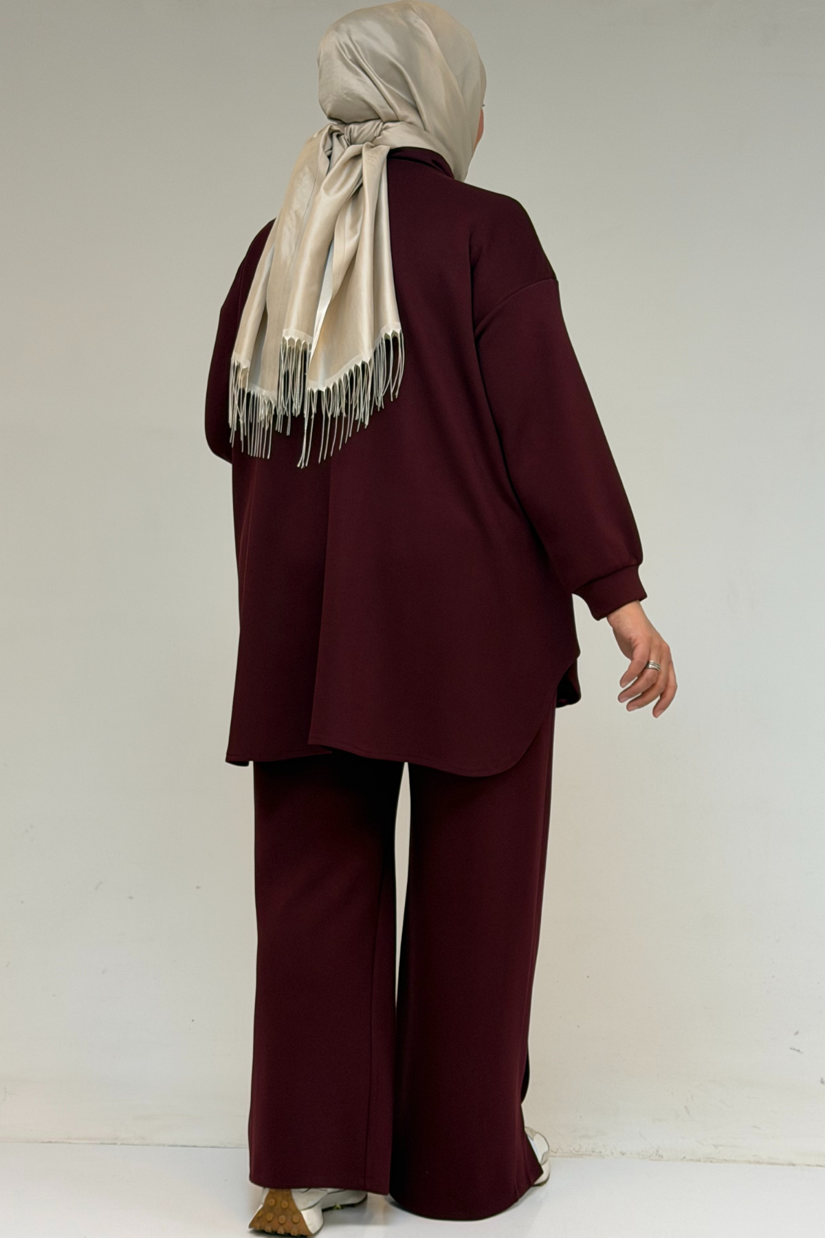 57034 Büyük Beden Çift Düğme Detaylı Modal Pantolonlu Takım - Bordo