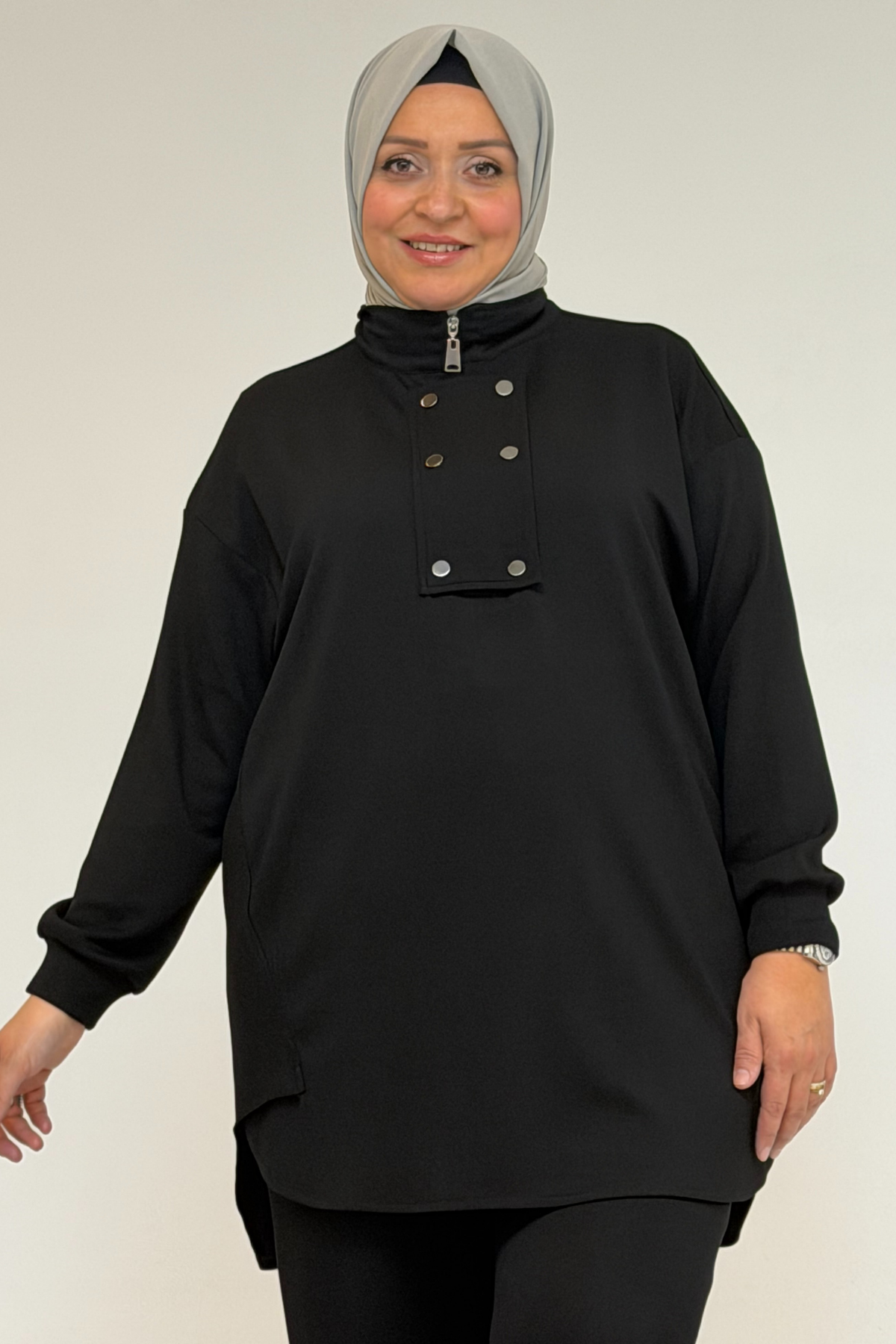 57034 Büyük Beden Çift Düğme Detaylı Modal Pantolonlu Takım - Siyah