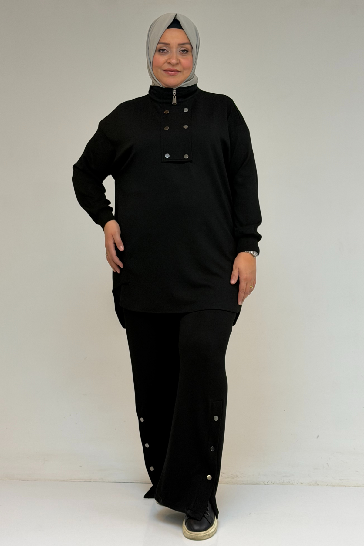 57034 Büyük Beden Çift Düğme Detaylı Modal Pantolonlu Takım - Siyah