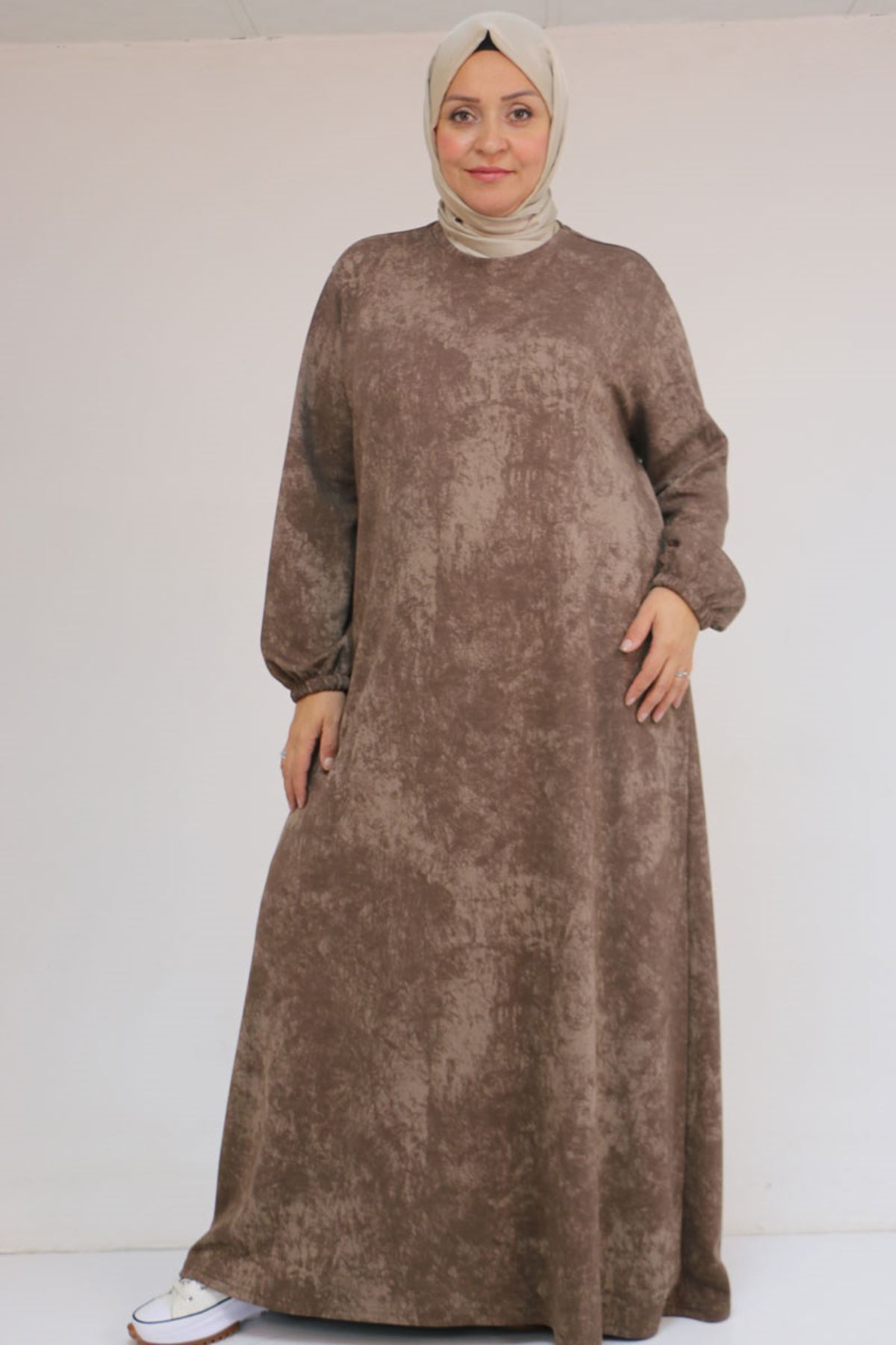 52030 Büyük Beden Kolu Lastikli Modal Elbise - Batik Vizon