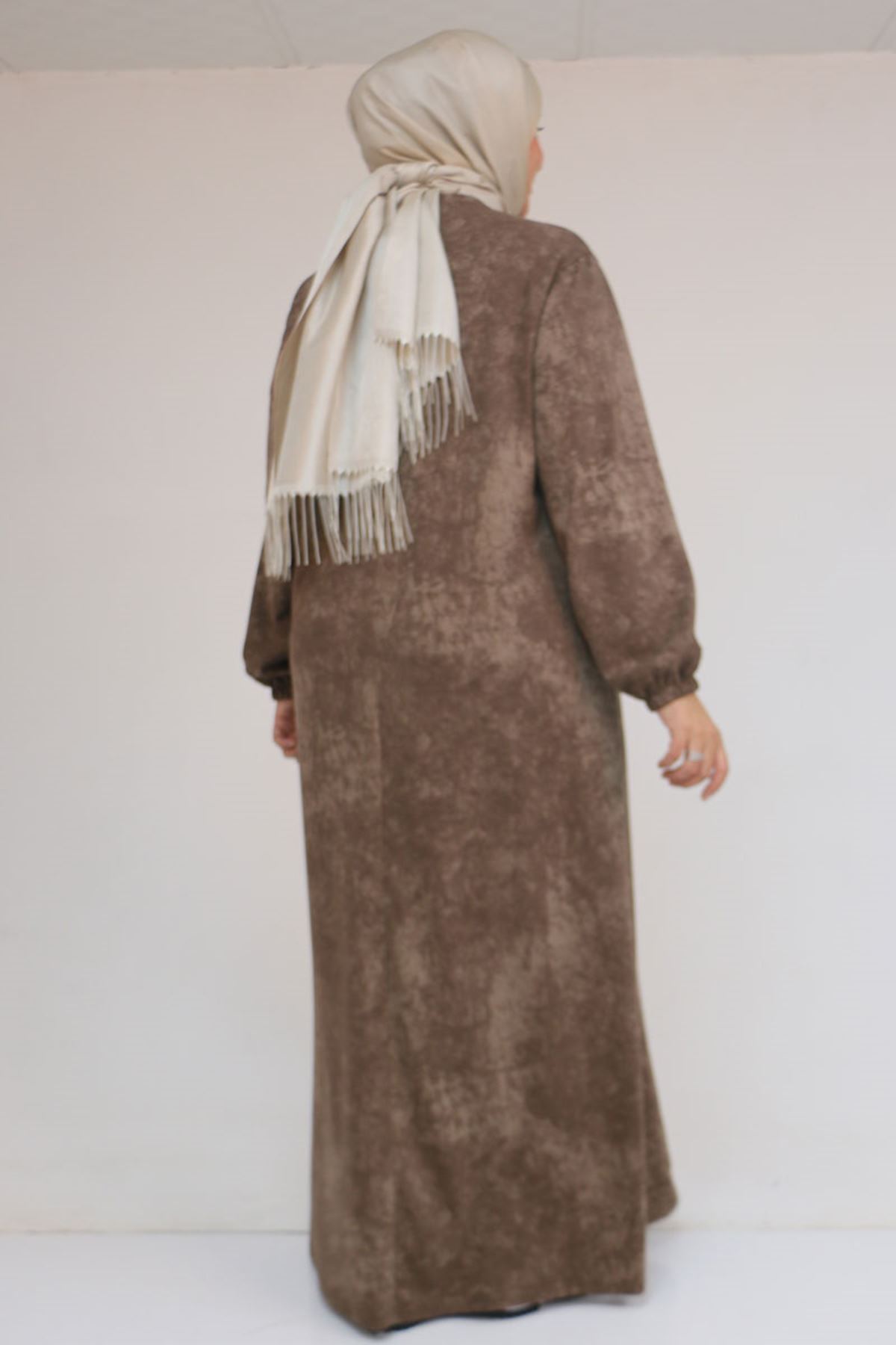 52030 Büyük Beden Kolu Lastikli Modal Elbise - Batik Vizon