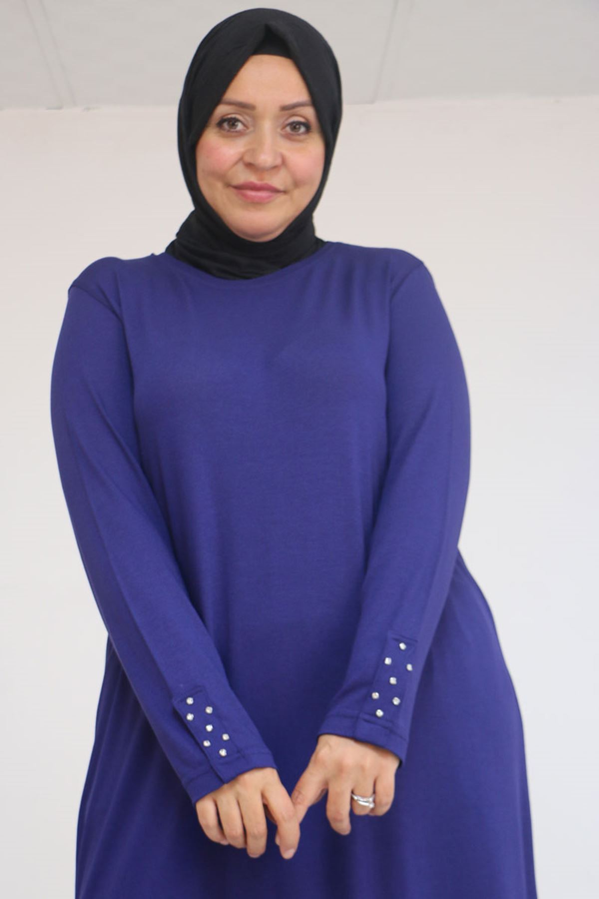 58115 Büyük Beden Kolunda Beyoğlu Detaylı Çilek Tunik - İndigo