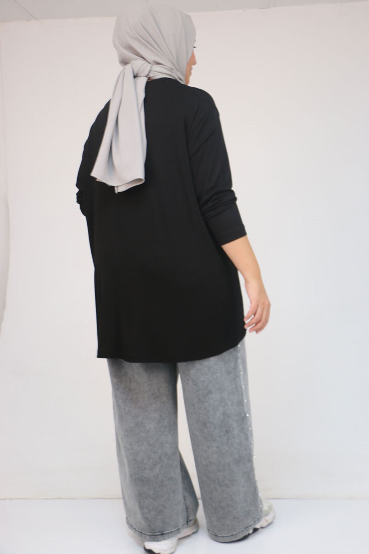 58121 Büyük Beden Yanları Biyeli Çilek Tunik - Siyah