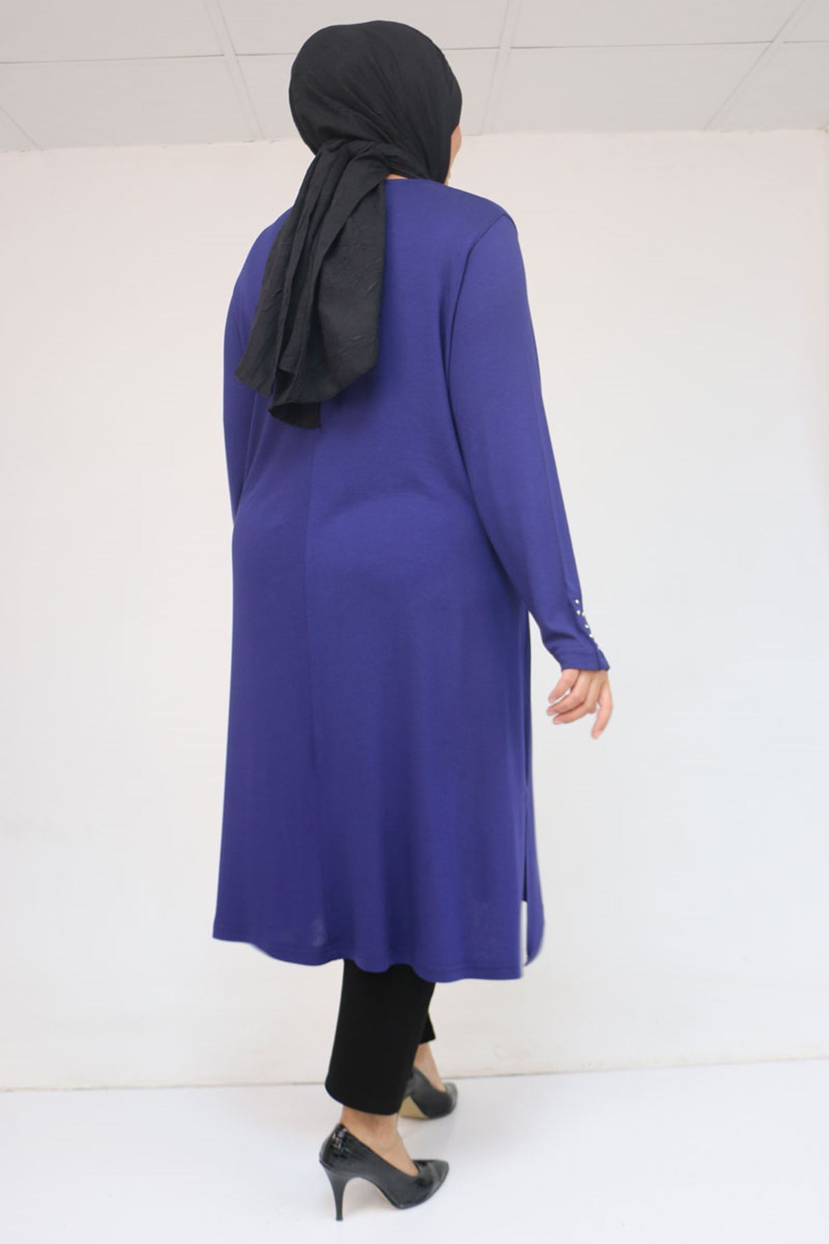 58115 Büyük Beden Kolunda Beyoğlu Detaylı Çilek Tunik - İndigo