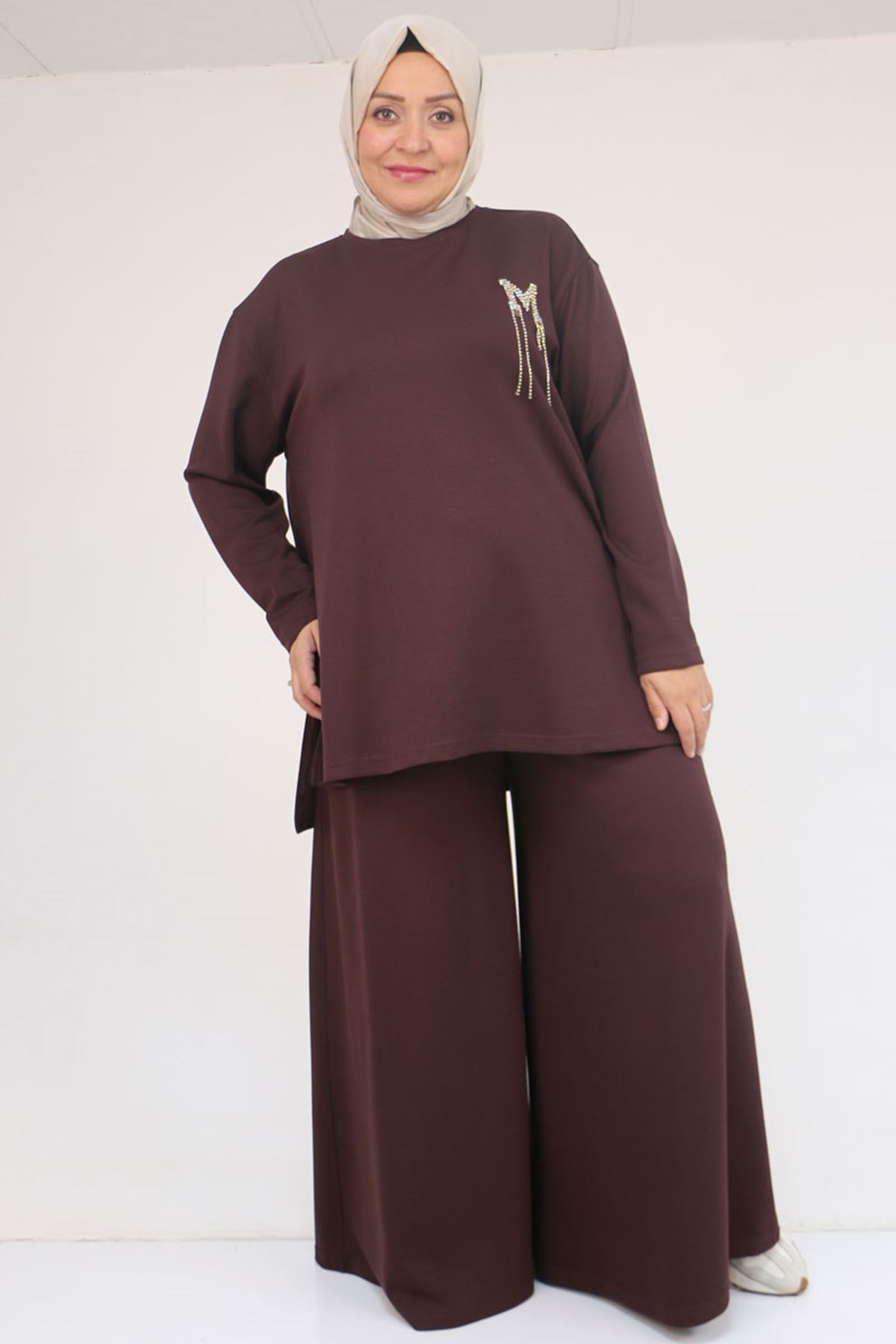 57043 Büyük Beden Yanı Yırtmaçlı Modal Pantolonlu Takım - Kahve