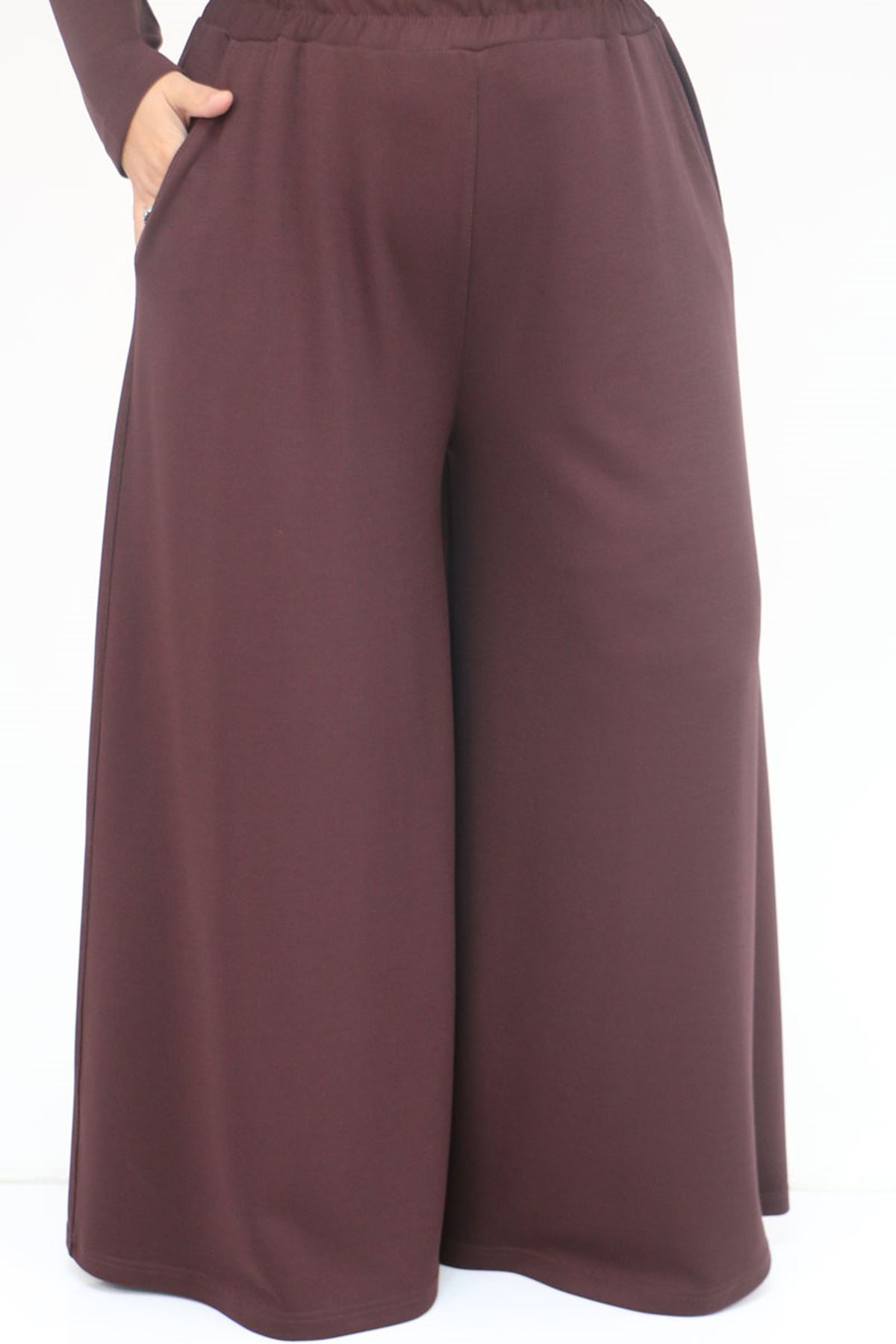 57043 Büyük Beden Yanı Yırtmaçlı Modal Pantolonlu Takım - Kahve