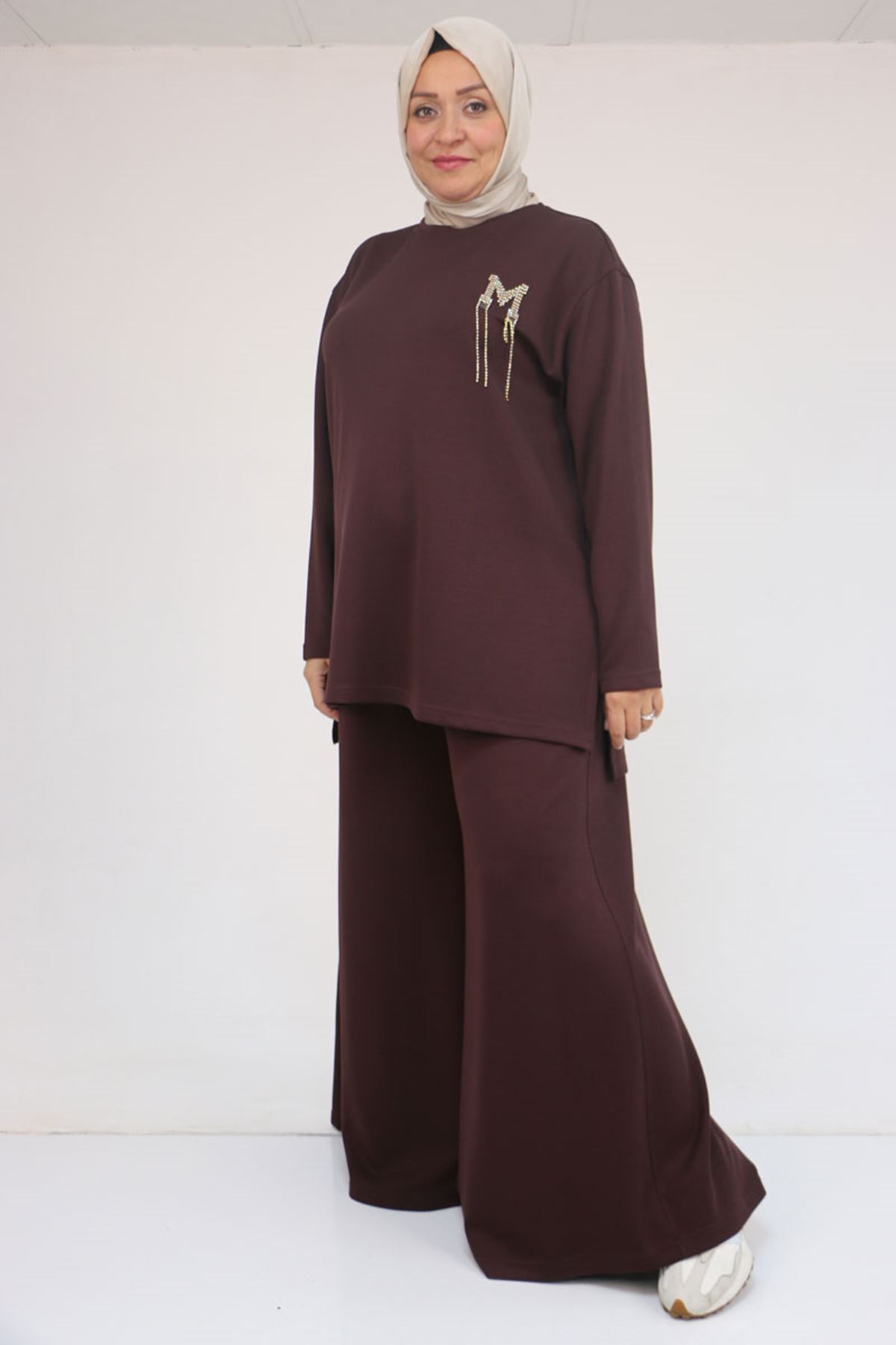 57043 Büyük Beden Yanı Yırtmaçlı Modal Pantolonlu Takım - Kahve