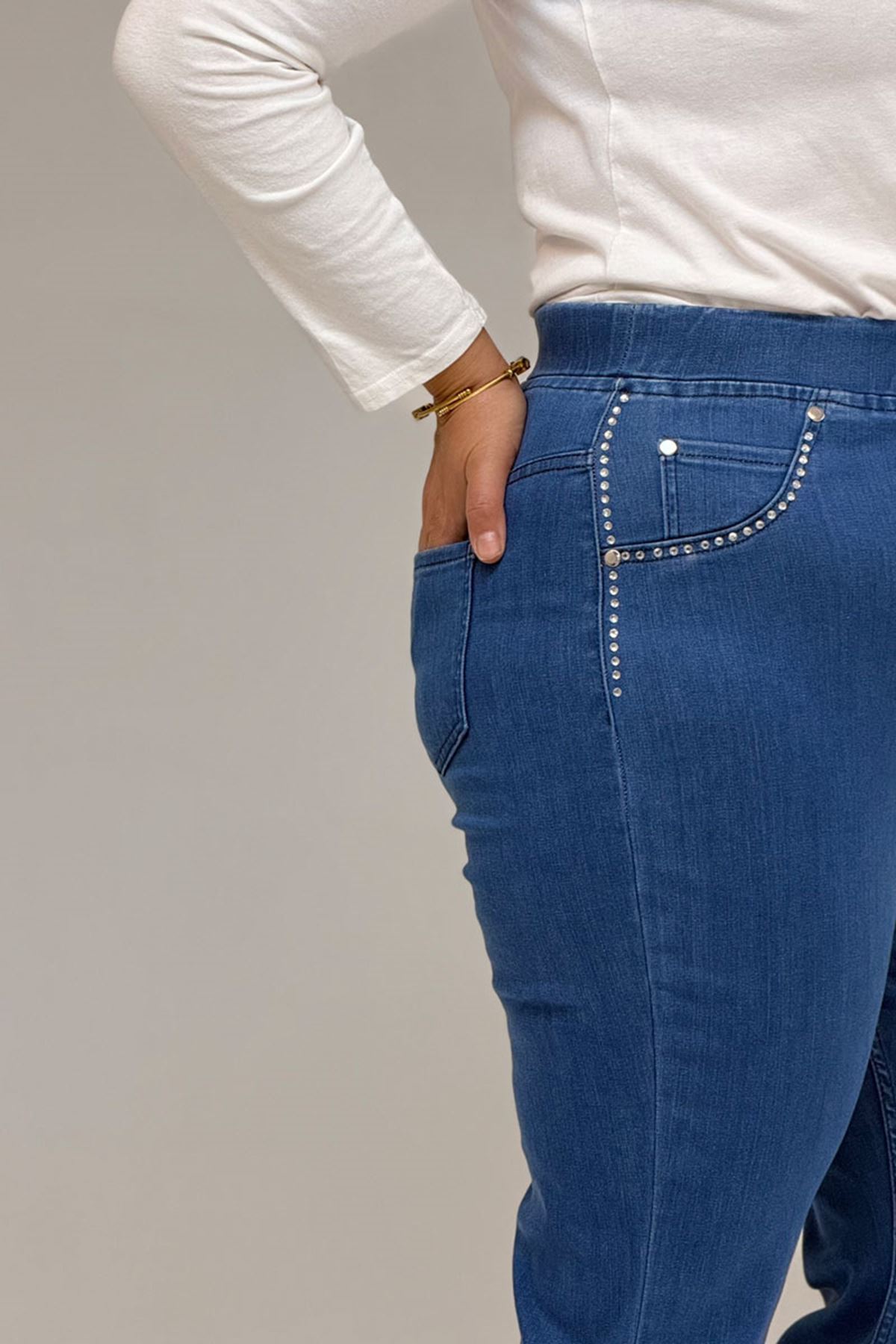 59041 Büyük Beden İspanyol  Taş Baskı Detaylı Kot Pantolon - Açık Mavi