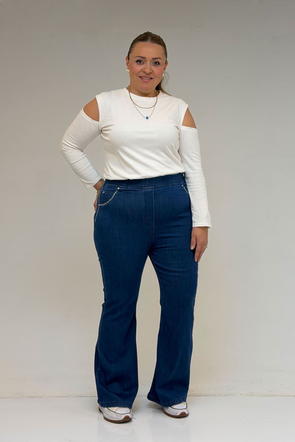 59041 Büyük Beden İspanyol  Taş Baskı Detaylı Kot Pantolon - Mavi