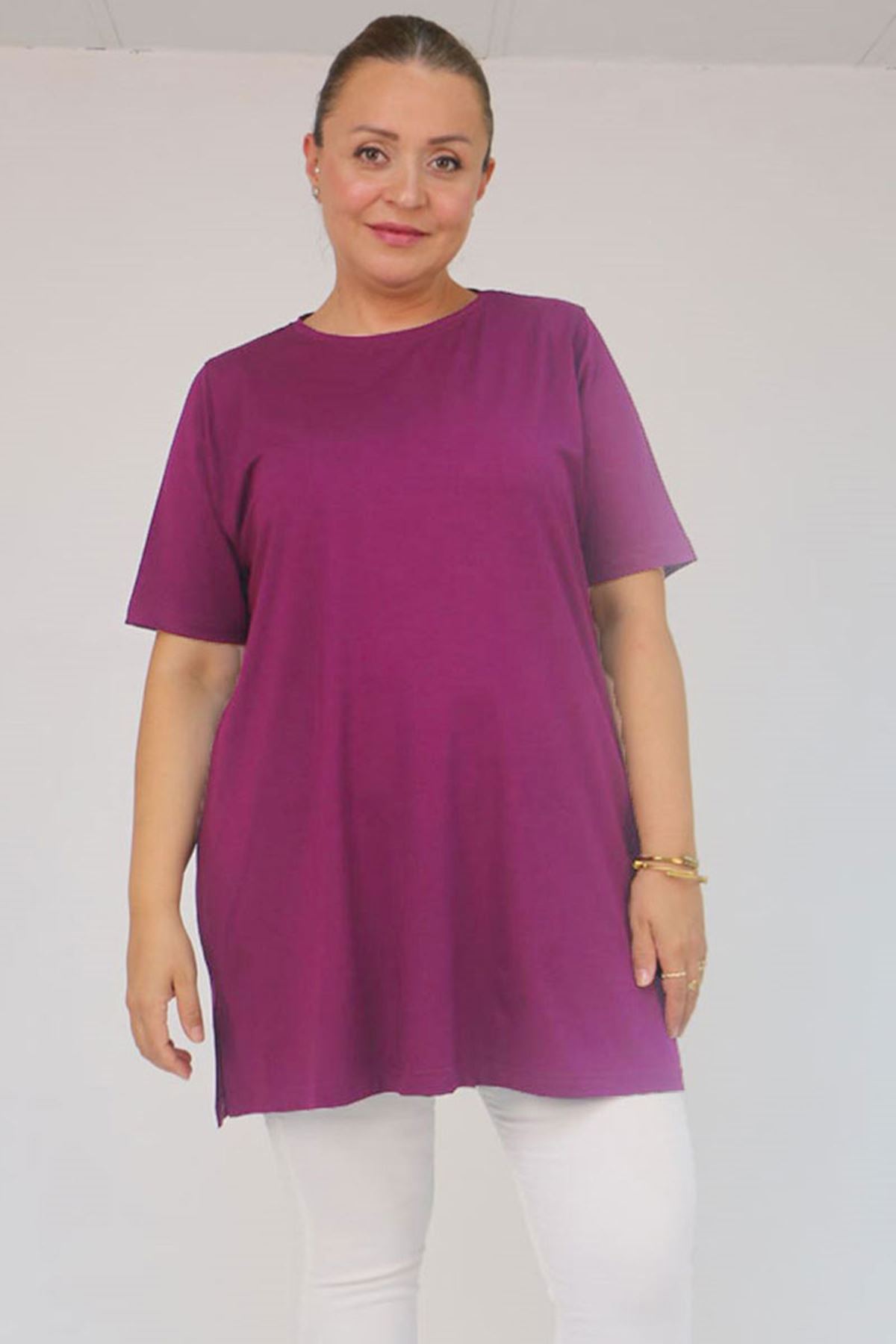 58507 Büyük Beden Yakası Biyeli Penye Tişört - Mor