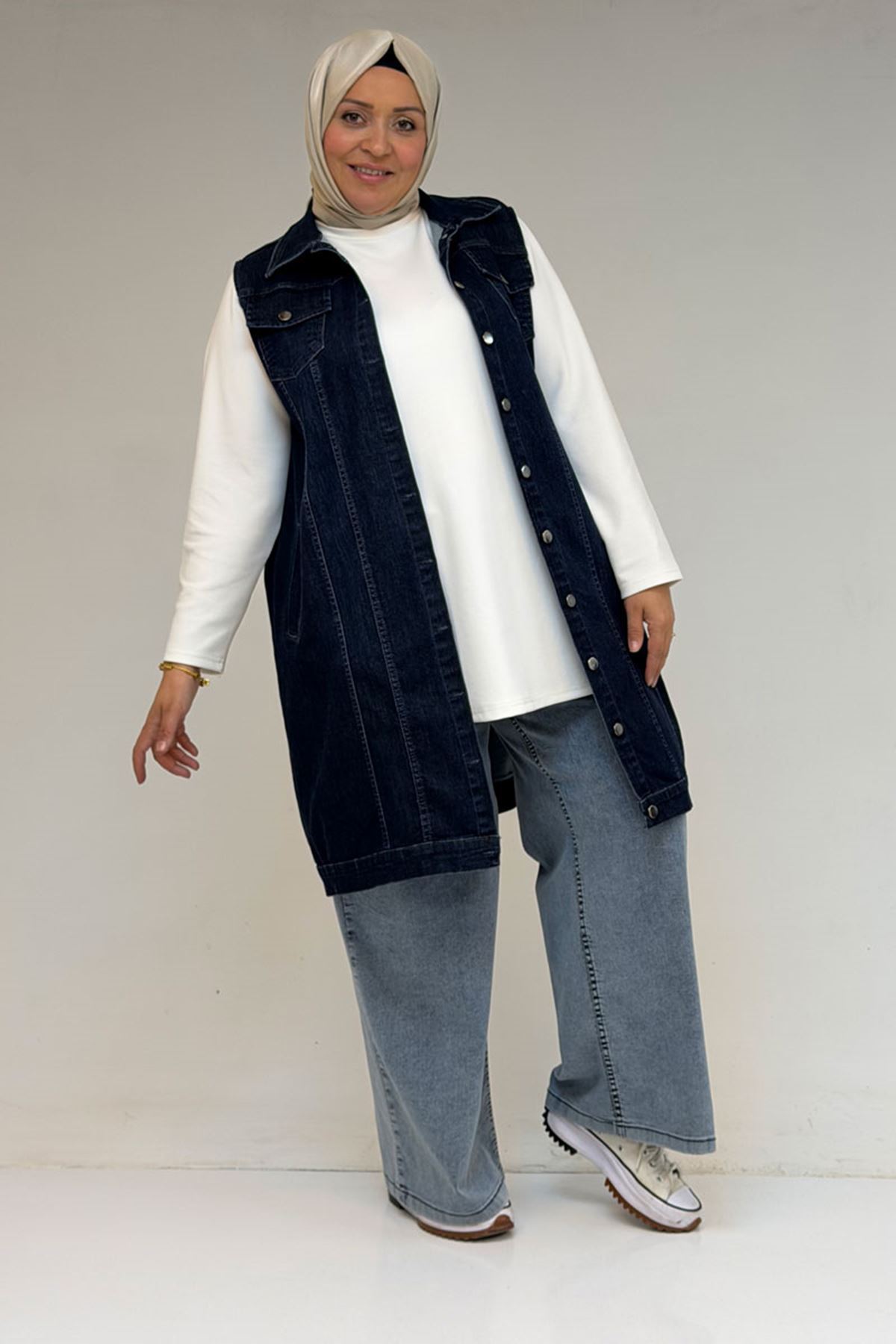 44002-1 Büyük Beden Çift Cepli Sprey Taşlama Detaylı Kot Yelek  - Lacivert