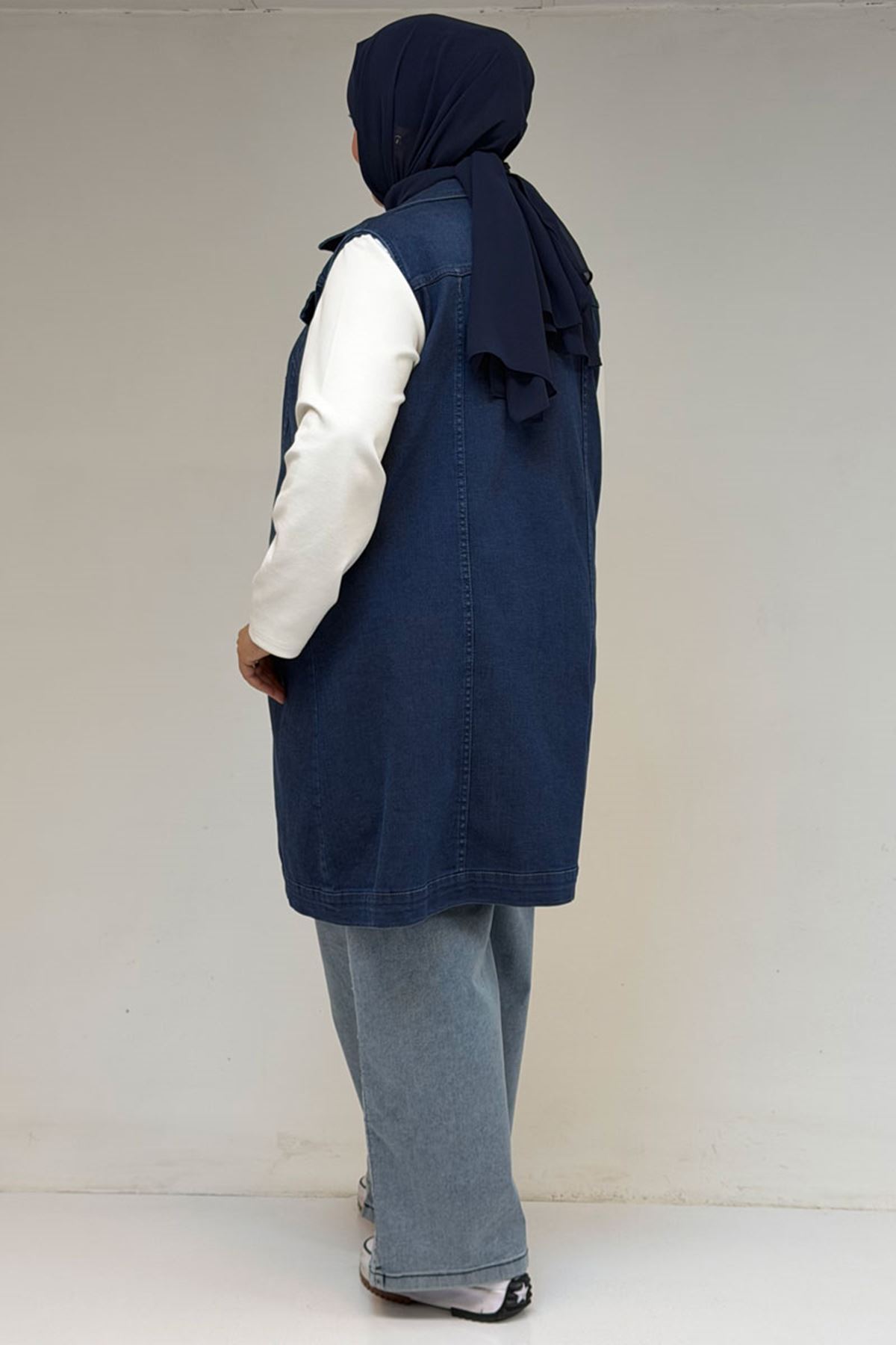 44002-1 Büyük Beden Çift Cepli Sprey Taşlama Detaylı Kot Yelek  -Mavi