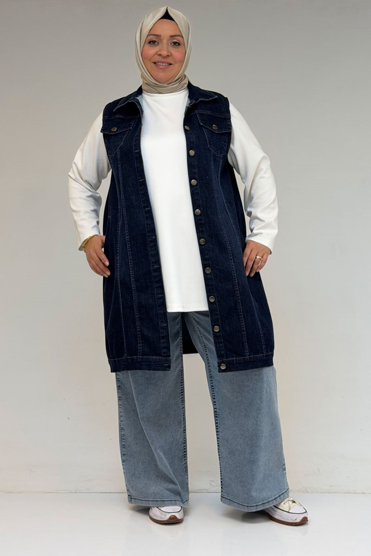 44002-1 Büyük Beden Çift Cepli Sprey Taşlama Detaylı Kot Yelek  - Lacivert