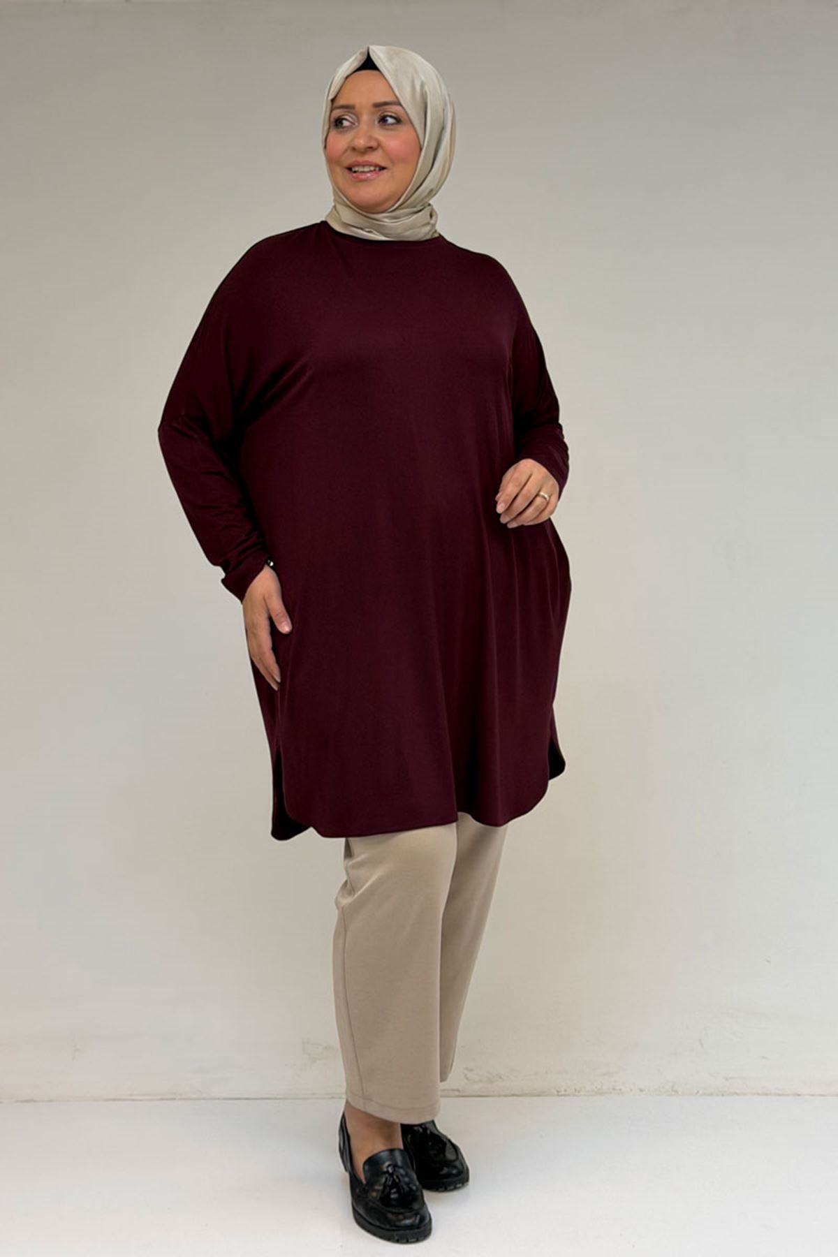 38111 Büyük Beden Basic Penye Tunik -Bordo