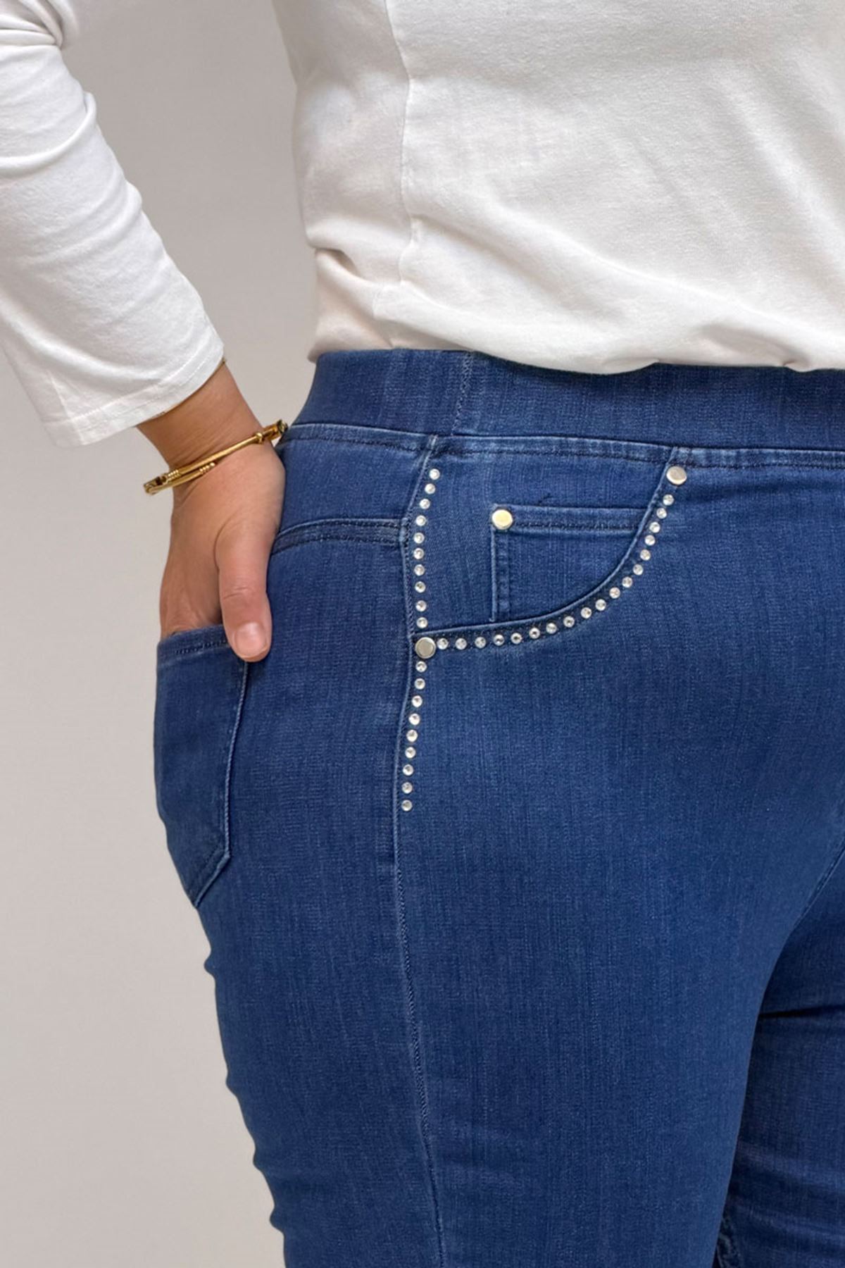 59041 Büyük Beden İspanyol  Taş Baskı Detaylı Kot Pantolon - Mavi