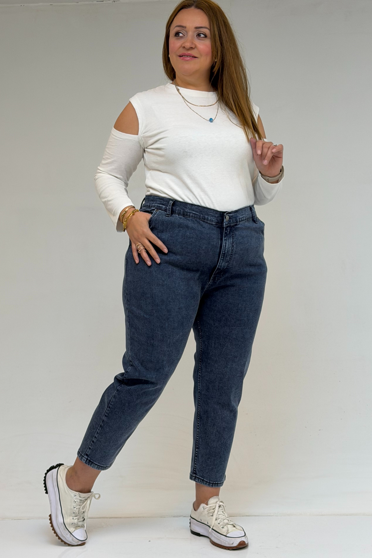 9125-6 Büyük Beden Boy Friend Kot Pantolon -Lacivert