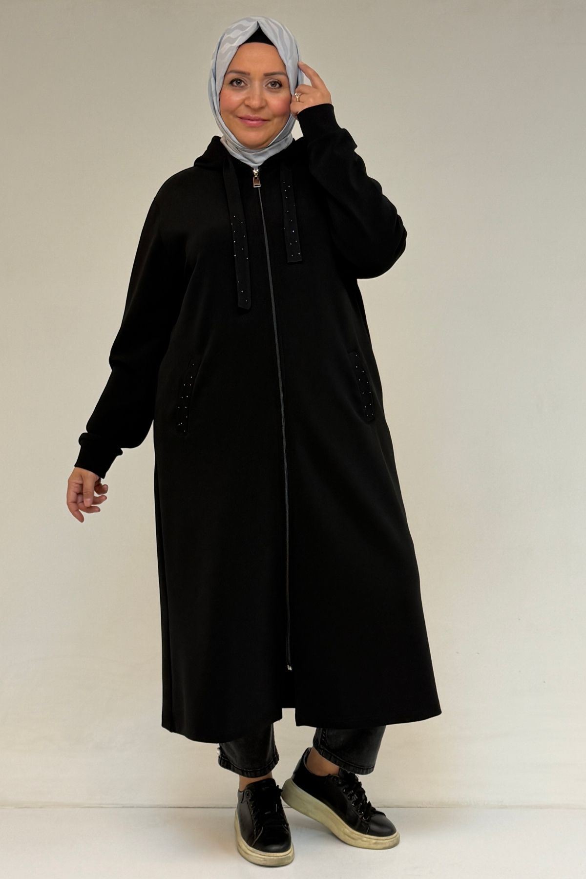 53067 Büyük Beden Kapşonlu Çelik Ceket - Siyah