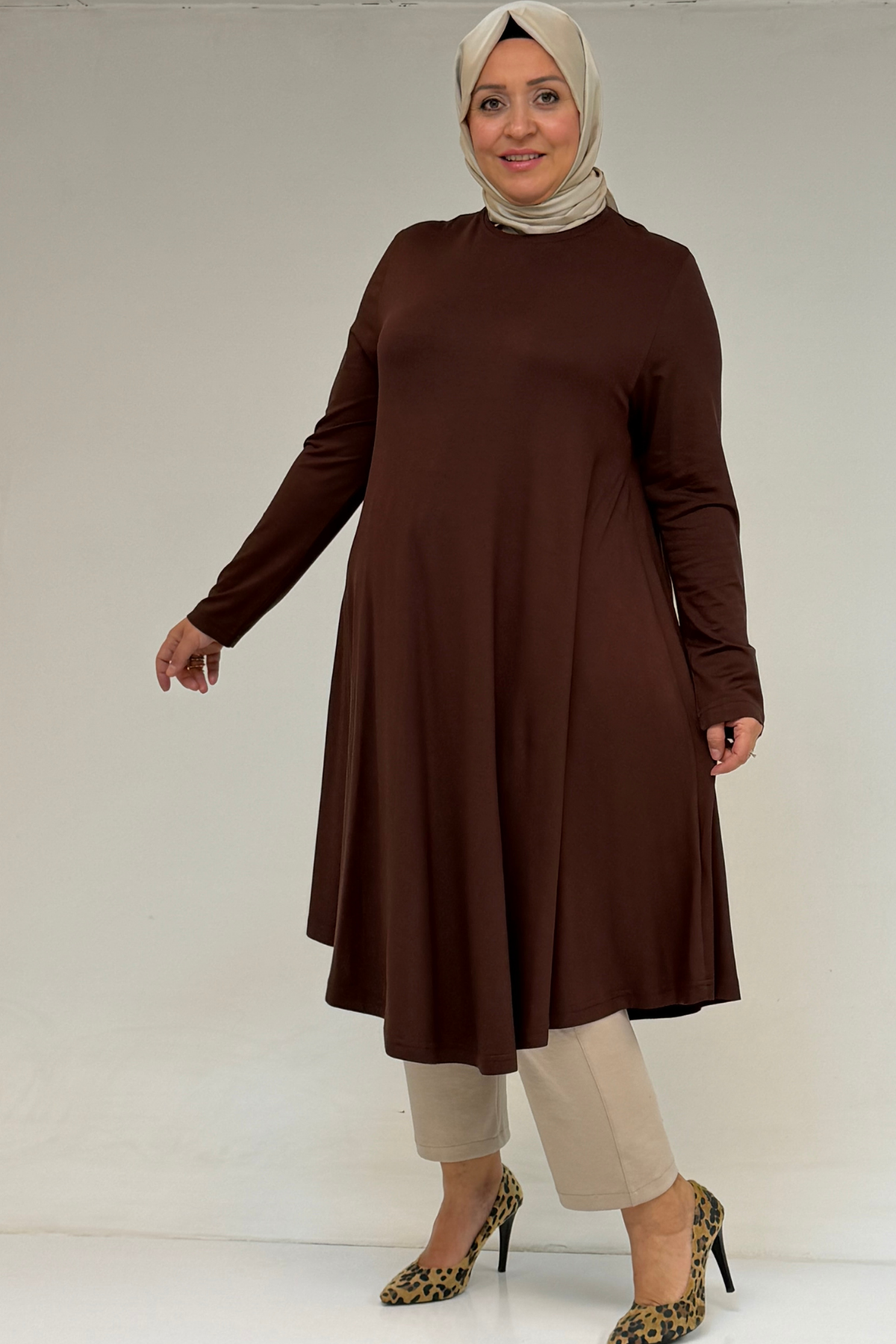 28016 Büyük Beden Mevlana Penye Tunik - Kahve