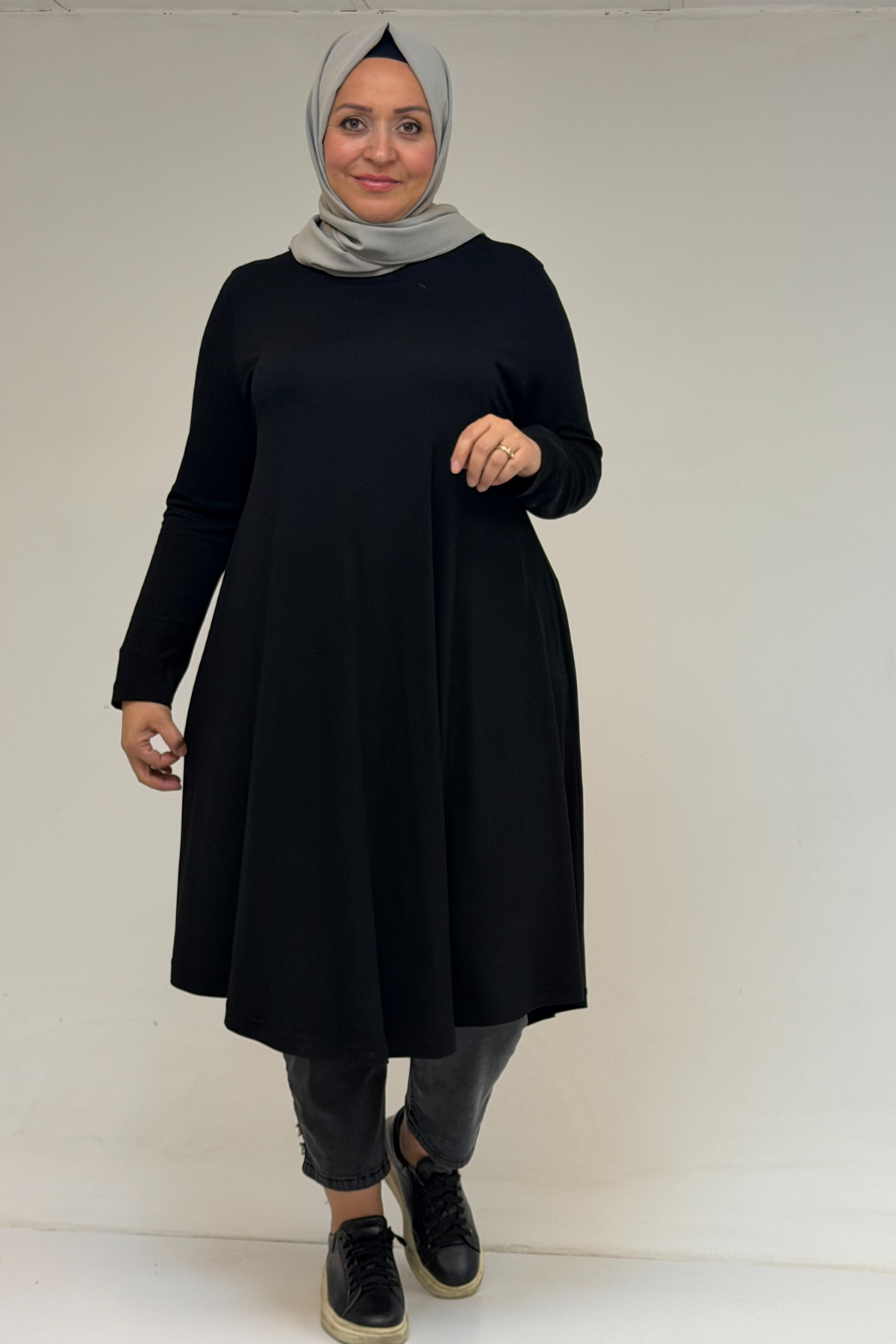28016 Büyük Beden Mevlana Penye Tunik - Siyah