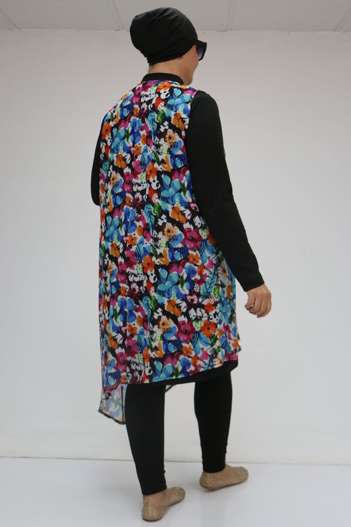 1723 Büyük Beden Uzun Kol Şifon Pareolu Tesettür Mayo Takım - Karışık Desen Mavi