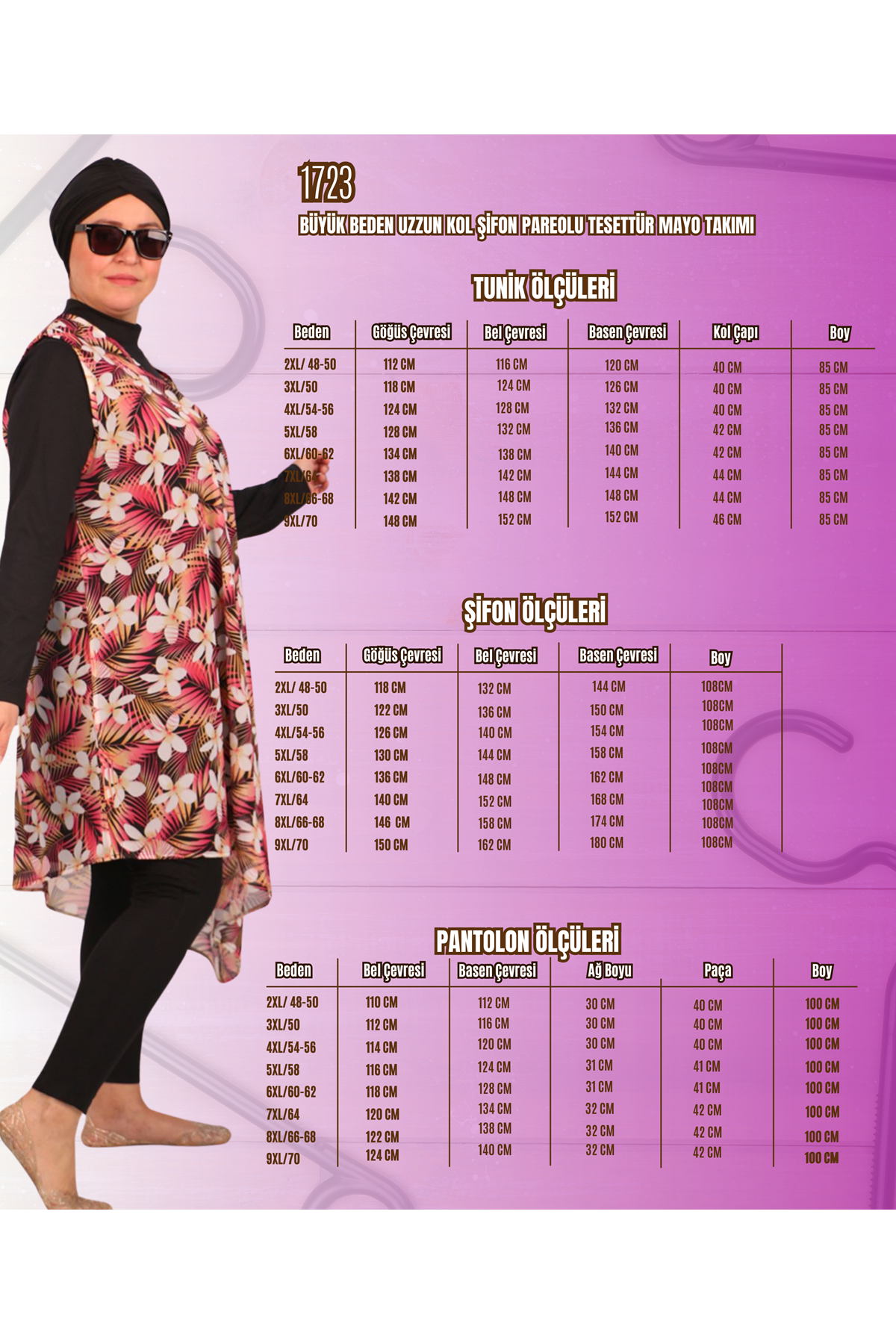 1723 Büyük Beden Uzun Kol Şifon Pareolu Tesettür Mayo Takım - Karışık Desen Mavi