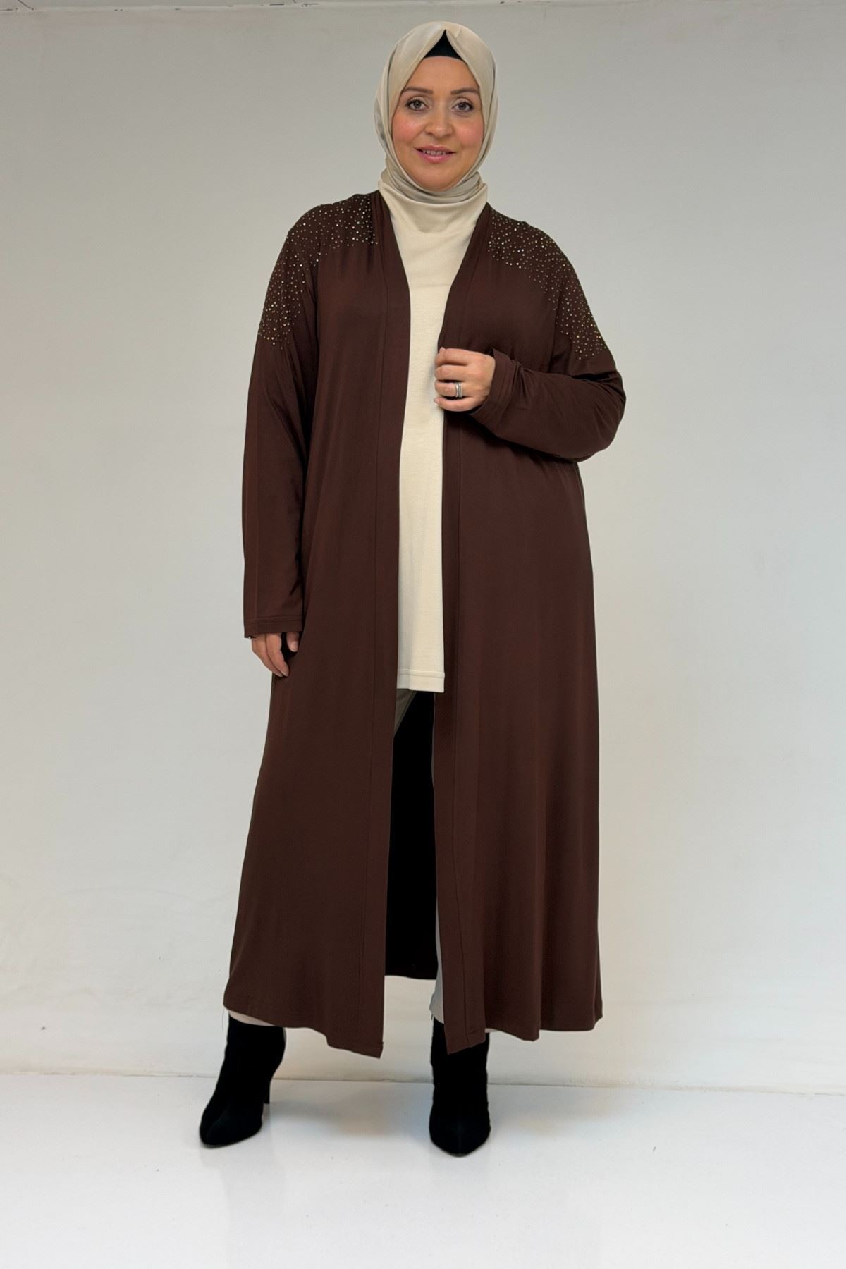 53069 Büyük Beden Omzu Taş Detaylı Penye Ceket - Kahve