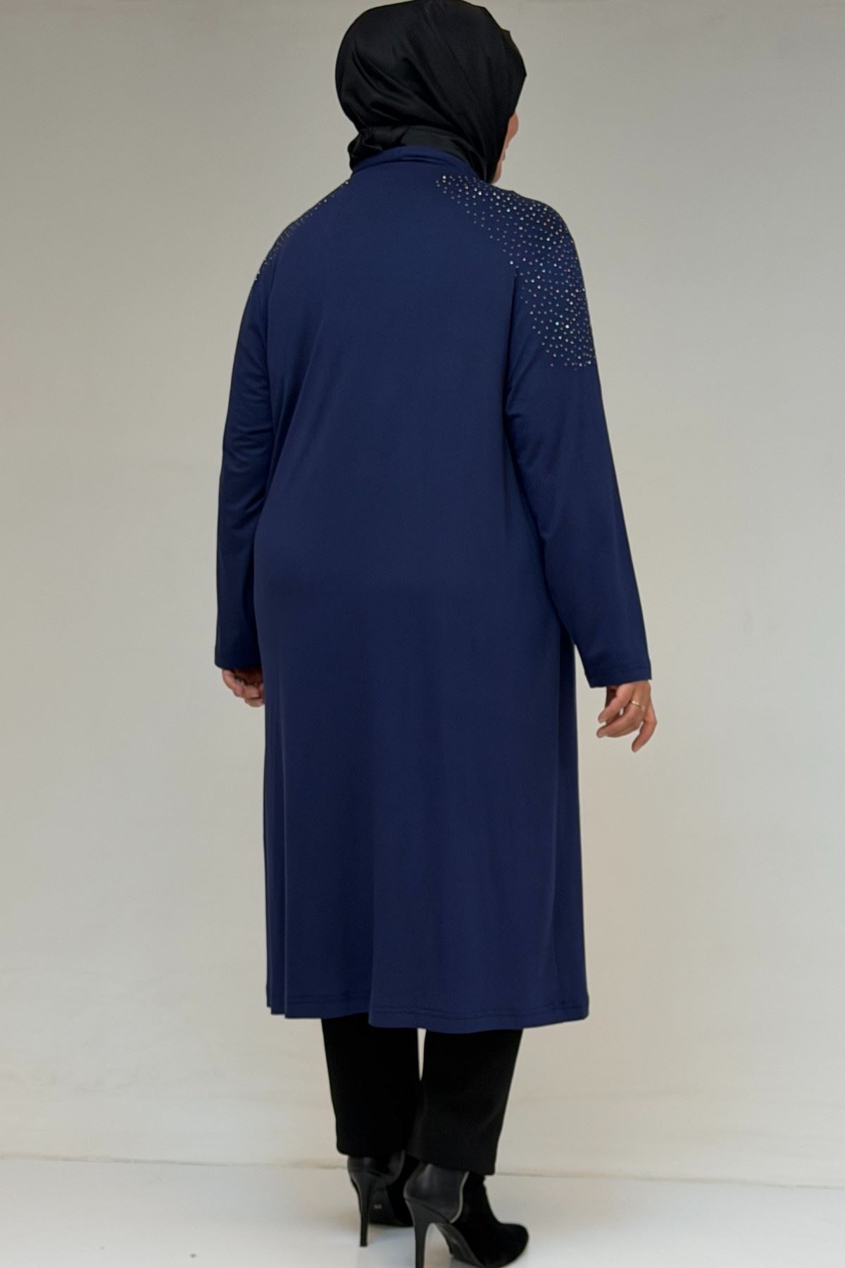 53069 Büyük Beden Omzu Taş Detaylı Penye Ceket - İndigo