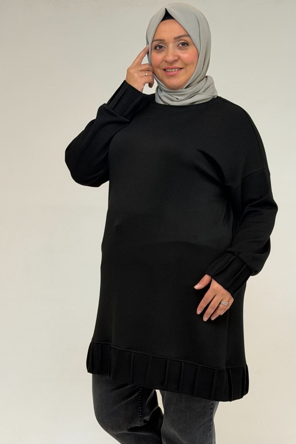 58173 Büyük Beden Çıma Detaylı Modal Tunik - Siyah